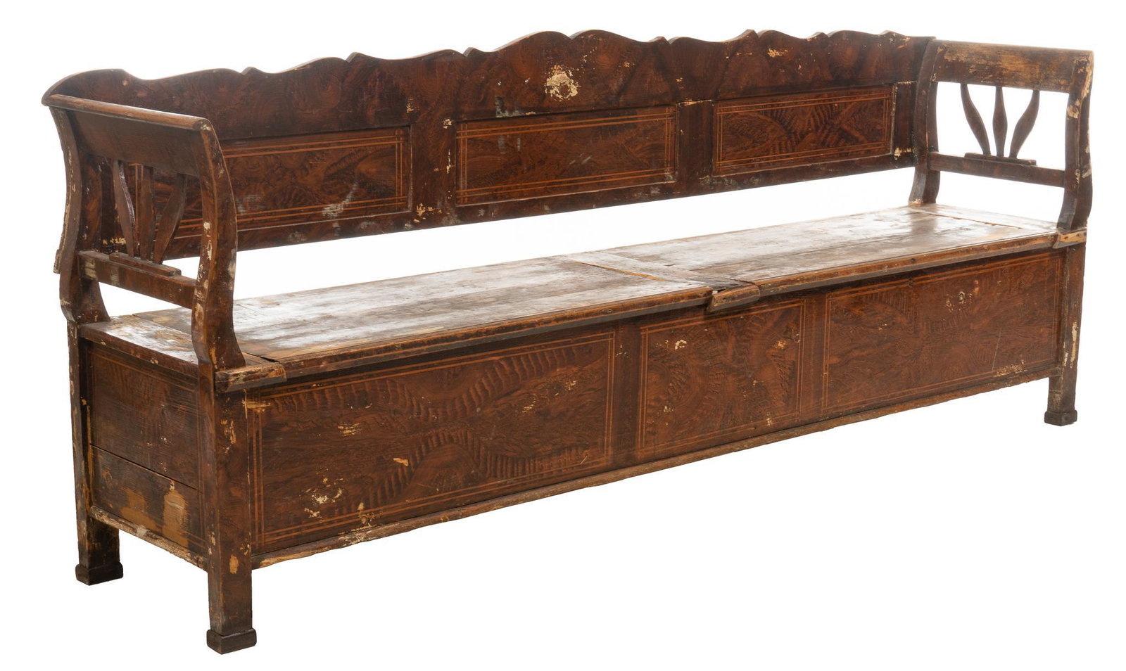 Ranch Style Hall Bench: Ranch style hall bench, with carved crest, geometric accents, scrolled arms, with floral splats, over two hinged seats, opening to interior storage height 39 in. x width 99 in. x depth 22 in. We happi