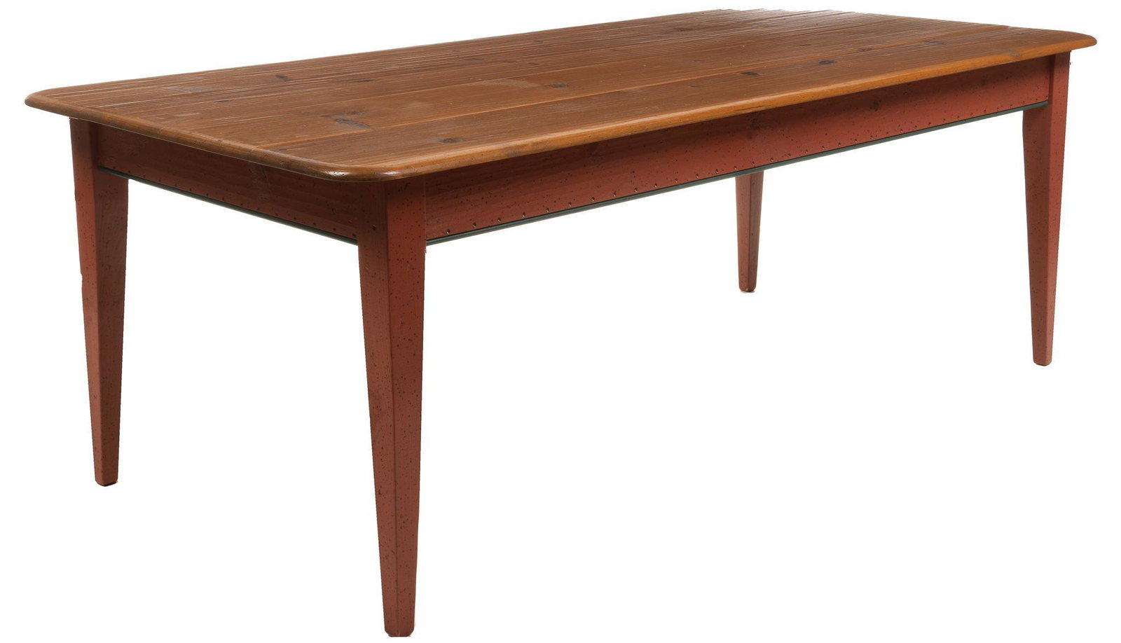 David March, Painted Dining Table: David Marsh dining table, with wooden plank top, rounded corners, painted red and green apron and legs, marked on underside height 30.5 in. x width 83 in. x depth 40 in. Provenance: A New Braunfels, T