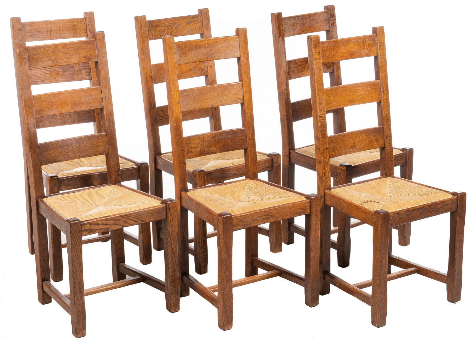 Set of (6) Farmhouse Rush Seat Dining Chairs: Set of six farmhouse ladderback dining chairs, rush seats, back posts continuous with rear legs, H-frame stretchered legs height 41.5 in. x width 17.5 in. x depth 16.5 in. / each We happily provide se