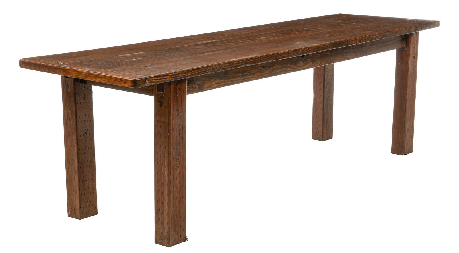 Ranch Style Dining Table: Ranch style dining table, with wooden plank top, over through tenon joinery, supported on incised block legs, two marked with serial numbers height 30.5 in. x width 101 in. x depth 29 in. Provenance