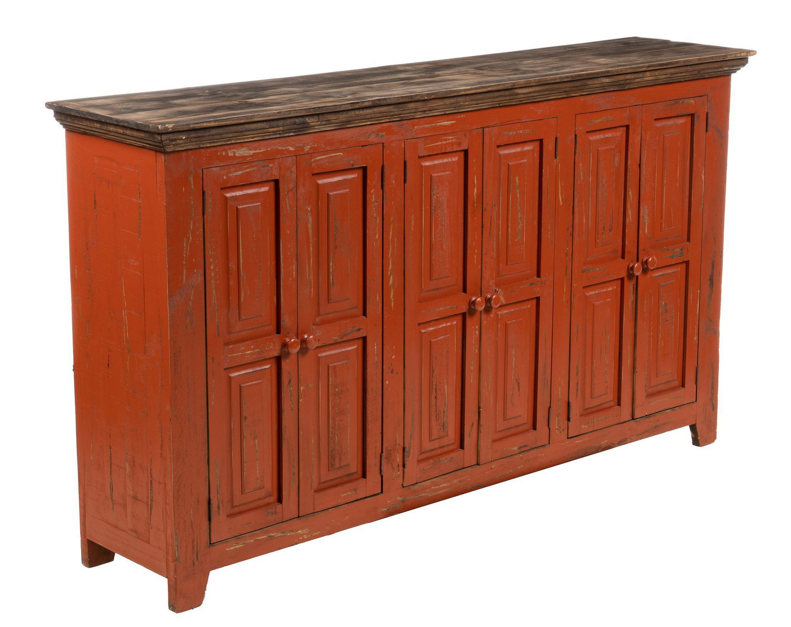 Farmhouse Sideboard: Farmhouse sideboard, painted red, with rectangular top, over cabinet doors, with round pulls, opening to continuous interior with shelf, supported on bracket feet, matching bookcase and cabinet to be 