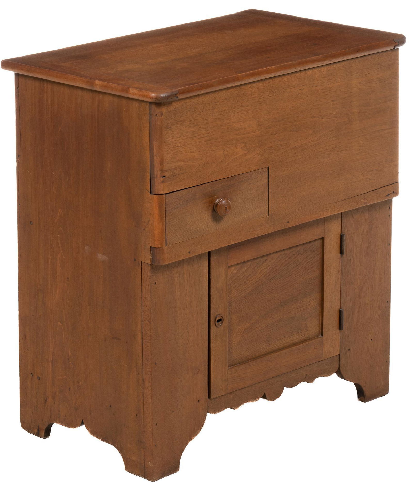 Farmhouse Dry Sink: Farmhouse dry sink, with hinged top, opening to lined interior, over small drawer, cabinet door, opening to storage, with pierced back for spigot height 32 in. x width 30 in. x depth 18 in. We happi