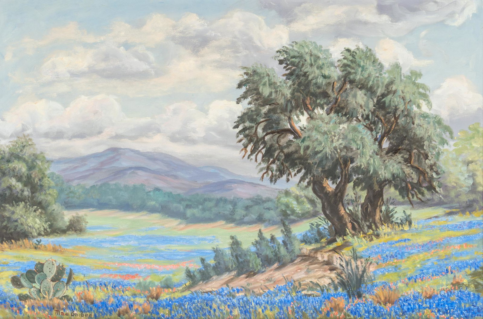 Mae Barbee Bruening, Texas Hill Country Scene: Mae Barbee Bruening (1908-1994), Texas Hill Country landscape, oil on canvas sight: 19 x 29.5 in., frame: 24 x 34 in. Provenance: A Bee Cave, Texas collection We happily provide seamless shipping serv
