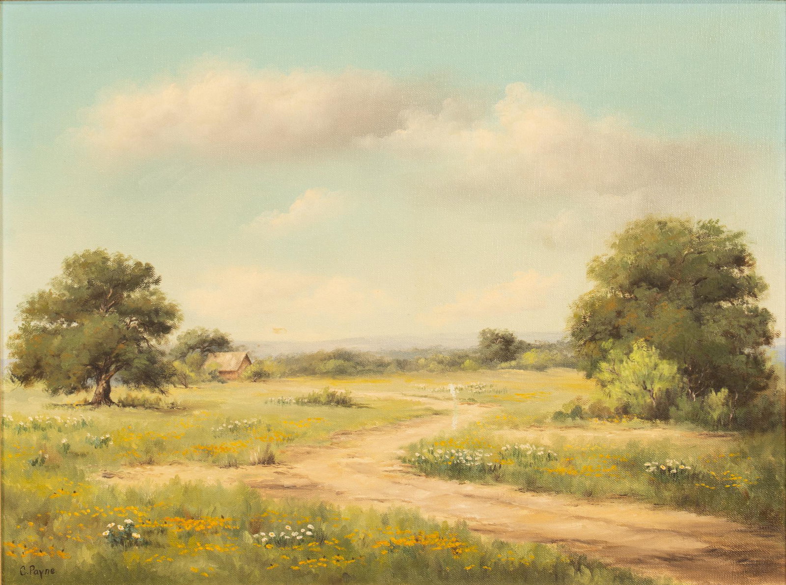Charlotte Payne, Texas Landscape: Charlotte Payne (Texas, 1924-2011), Texas landscape with cabin, oil on canvas sight: 17.5 x 23.5 in., frame: 26.5 x 32.5 in. Provenance: A King William, Texas collection We happily provide seamless sh