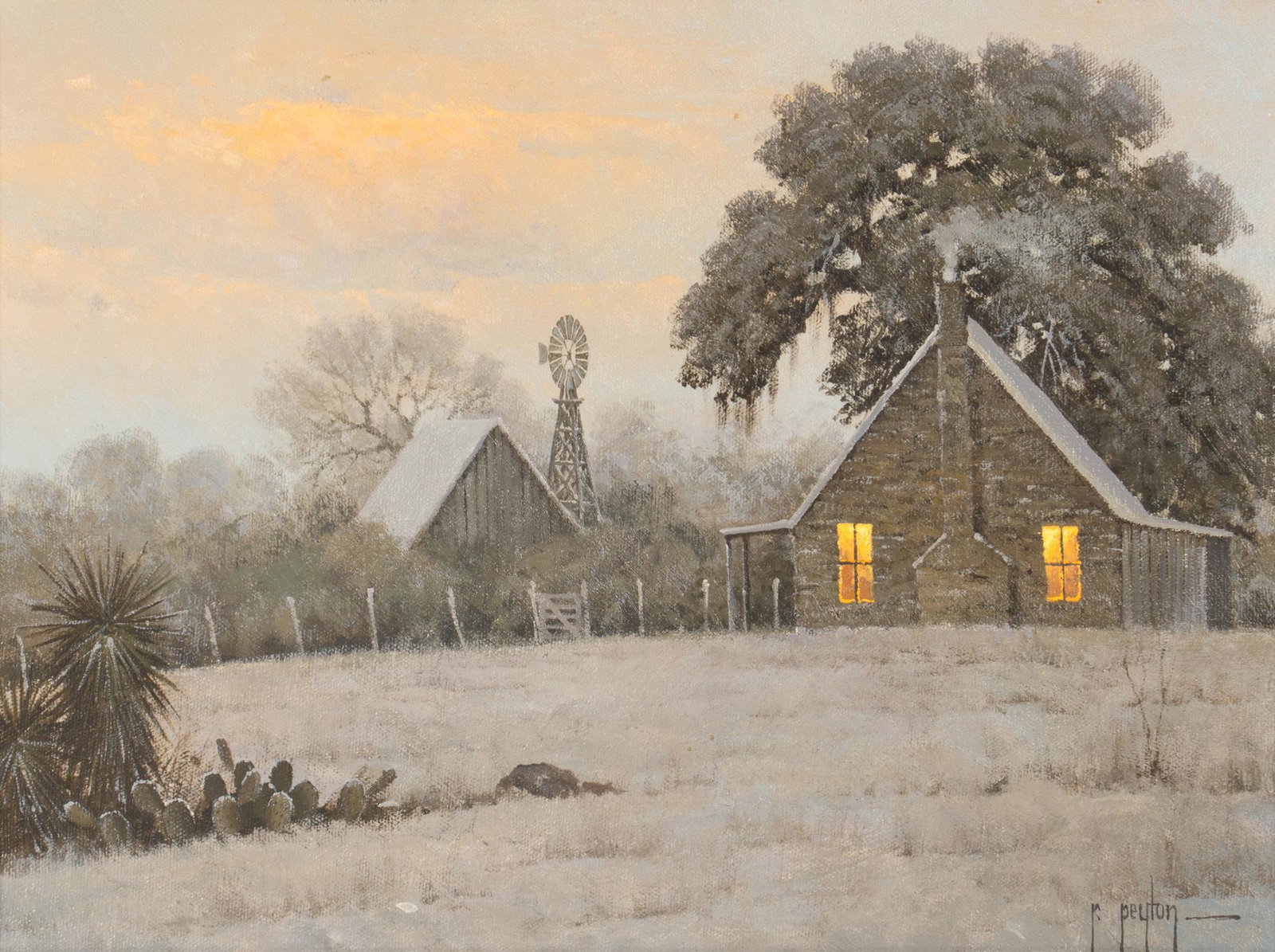 Randy Peyton, Cabin at Dusk: Randy Peyton (b. 1958), cabin at dusk, oil on canvas sight: 12 x 16 in., frame: 20.5 x 24.5 in. Provenance: A San Antonio, Texas Estate Native-born Texan Randy Peyton started painting the land o