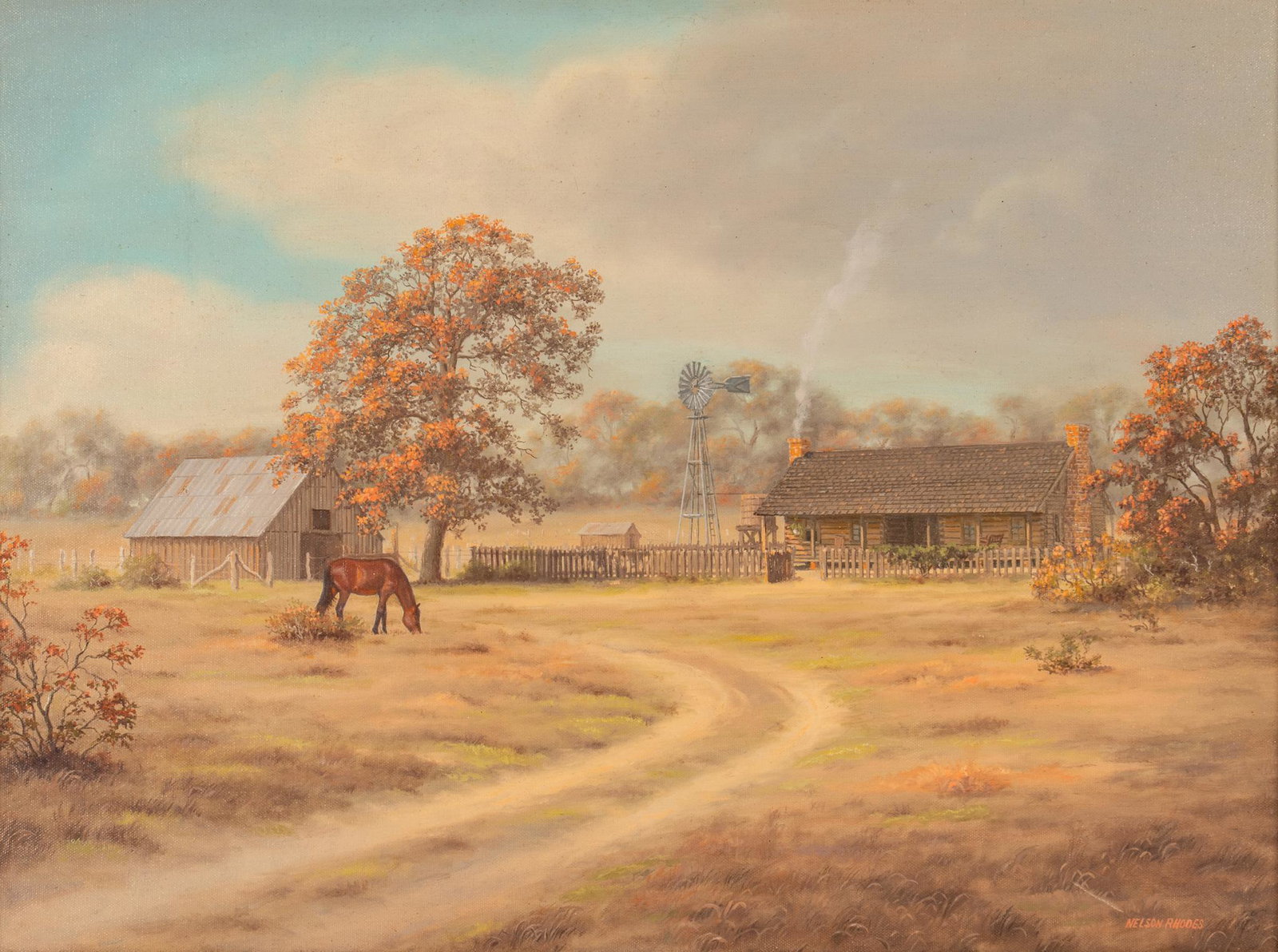 Nelson Rhodes, Texas Homestead: Nelson Rhodes (Texas, 20th C.), Texas homestead with grazing horse in autumn, oil on canvas sight: 17.5 x 23.5 in., frame: 25 x 31 in. Provenance: A Rockport, Texas collection Condition: one shallow s