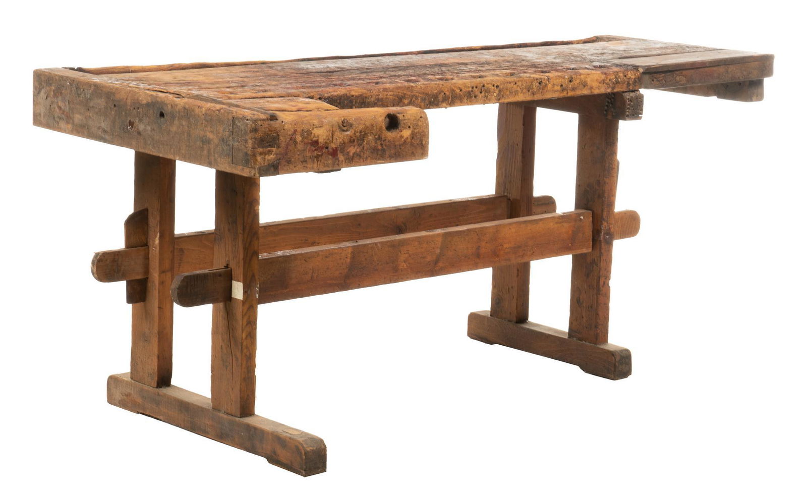 Rustic Carpenter's Work Table: Rustic carpenter's work table / bench, weathered, with paint remnants, mortise and tenon double stretchered legs height 32 in. x width 77 in. x depth 34 in. We happily provide seamless shipping
