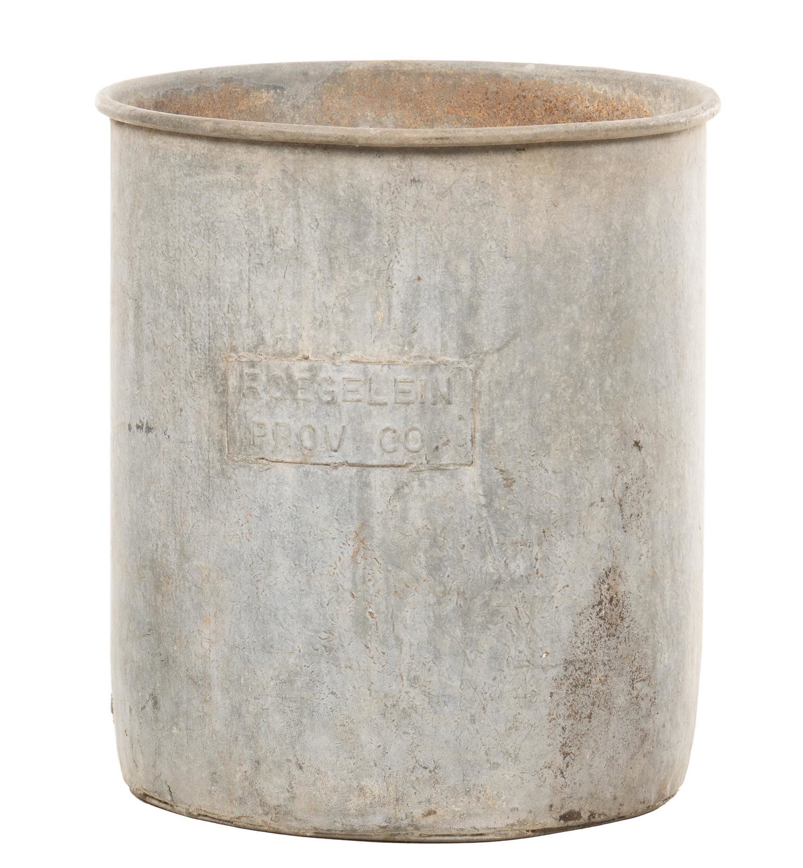 Roegelein Provision Co. (San Antonio, TX) Galvanized Bucket: Vintage galvanized cylindrical bucket, marked for Roegelein Provision Co. (San Antonio, Texas) height 28 in. x diameter 25 in. Provenance: A King William, Texas collection We happily provide seamless 