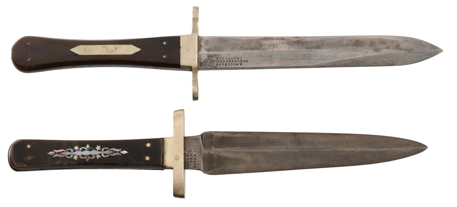 Two Antique Sheffeild Dagger Style Knives: Manufacturers: (1) James Westa, Sheffield England (c 1840-70's) (2) George Woodhead, Sheffield England (c 1840-70's) Models: Daggers Longest Blade Length: 5.5 in. Overall Length: 9.75 in. Cond