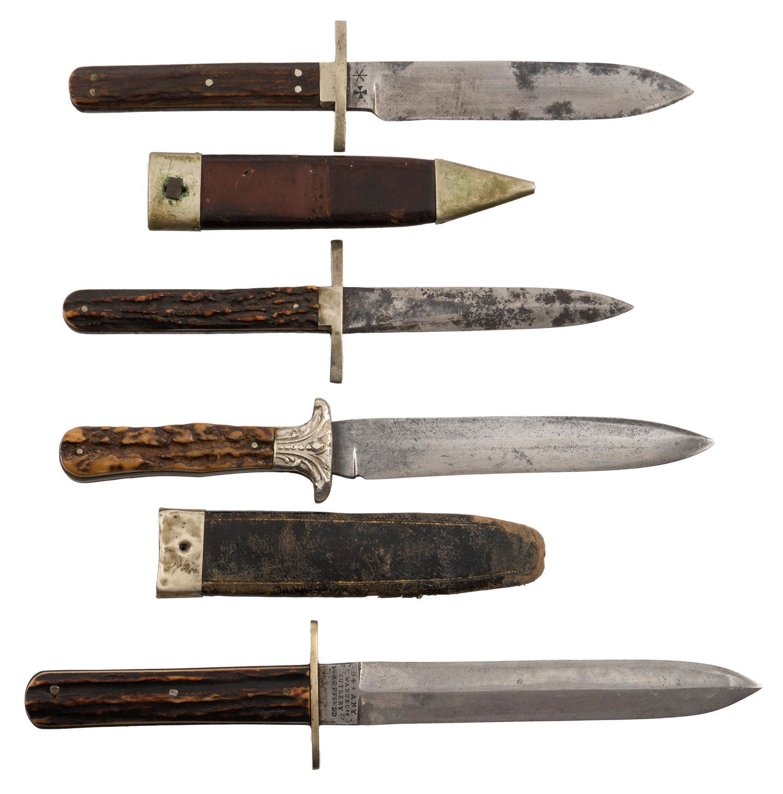 Collection of 4 Civil War Era Sheffield Daggers: Manufacturer: (1) J. Rodgers & Sons, Sheffield; (2) F. Ward & Cos. Cutlery, Sheffield; (3) George Wostenholm, Sheffield, I XL; (4) G. Wolstenholm & Son Washington Works, Sheffield, I XL Mo