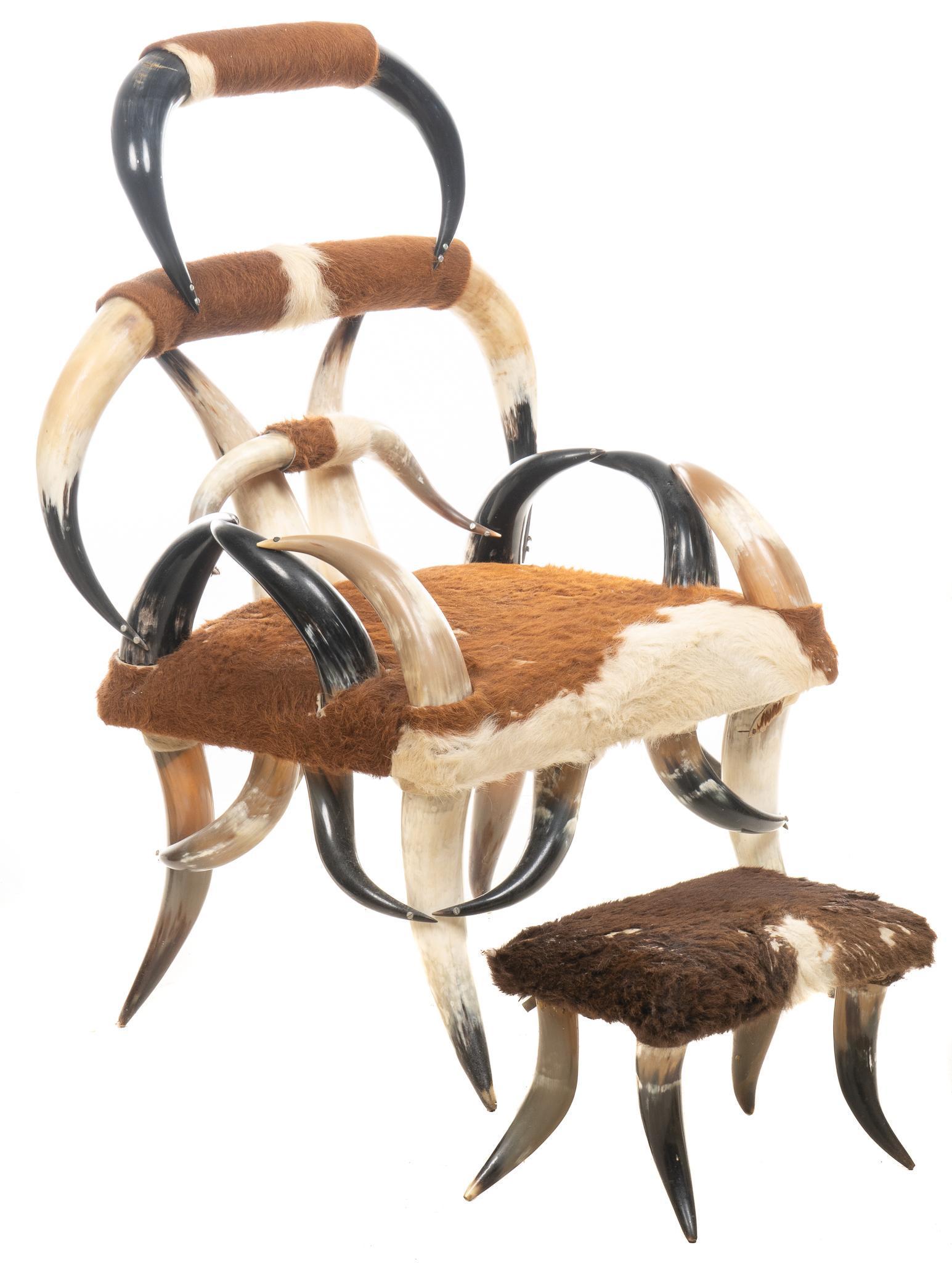 Steer Horn Armchair, after Wenzel Friedrich: Steer horn armchair and matched foot stool, in the style of early San Antonio and Texan makers such as Wenzel Friedrich and Charles Puppe, mustache horn headrest, upholstered Provenance: A San Antoni
