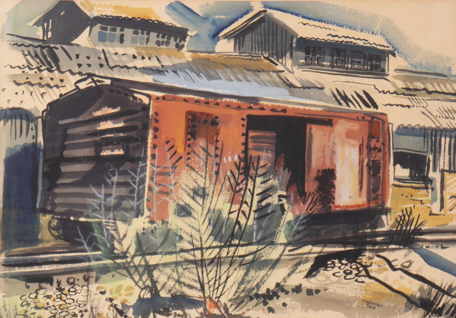 Margaret Pace Willson, "Train Boxcar": Margaret Pace Willson (San Antonio, Texas, 1919-2006), "Train Boxcar", watercolor sight: 14 x 20 in., frame: 22 x 28 in. Provenance: An Austin, Texas collection Margaret Pace Willson was well-