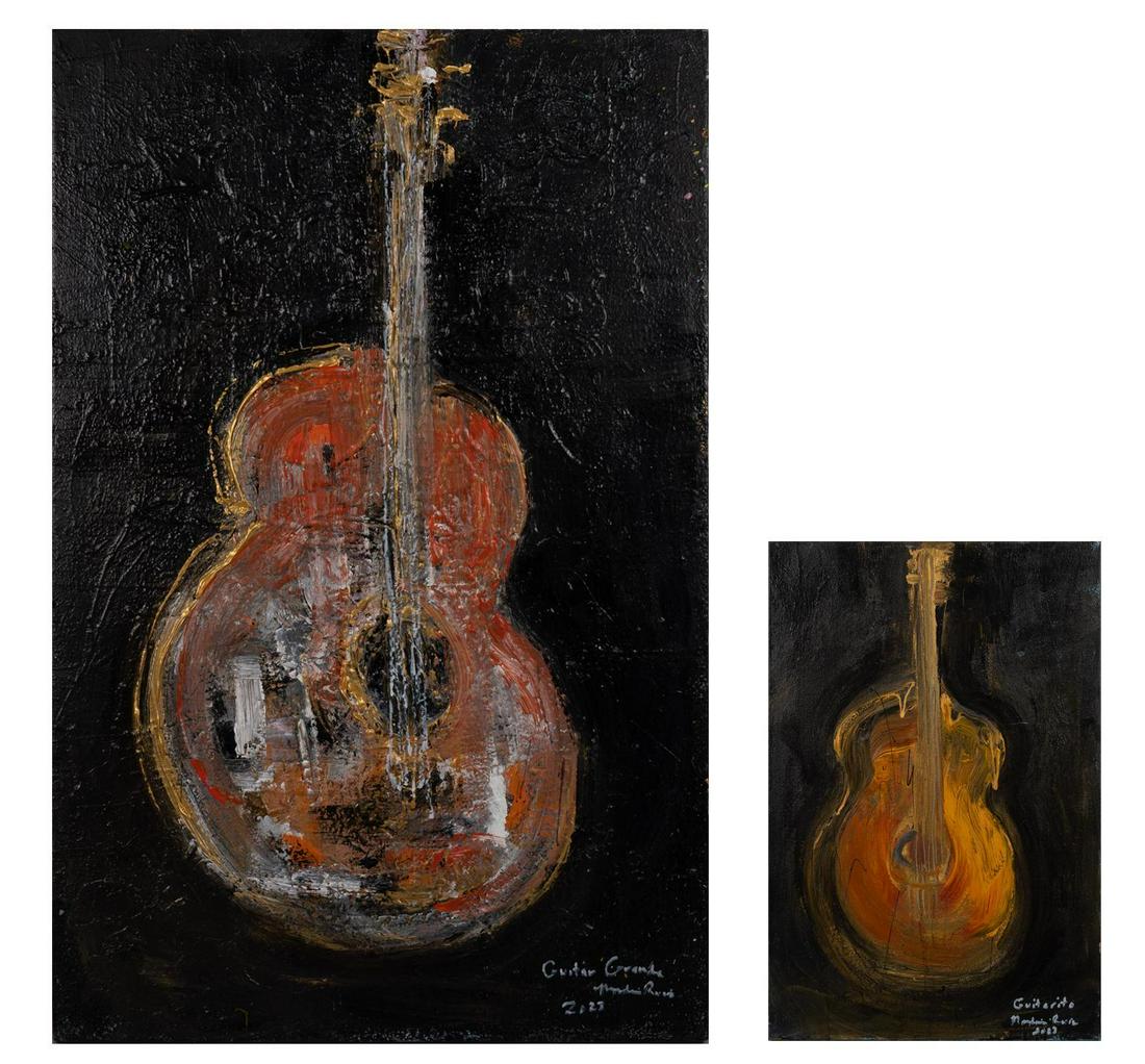 (2) Franco Mondini-Ruiz, "Guitar Grande", "Guitarito", 2023: Franco Mondini-Ruiz (San Antonio, Texas, b. 1961), "Guitar Grande", 2023, oil on canvas, 57.5 x 37 in. and "Guitarito", 2023, oil on canvas, 36 x 24 in. We happily provide seamless shi