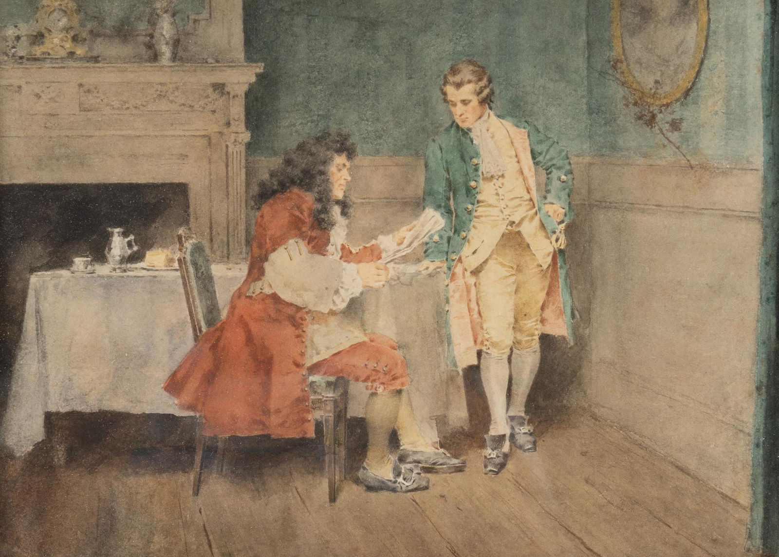 Leon Moran, Interior Scene with Gentlemen: Leon Moran (Amer., 1864-1941), interior scene with two gentlemen, watercolor sight: 15 x 10 in., frame: 16.5 x 11.5 in. Provenance: A Boerne, Texas collection We happily provide seamless shipping s