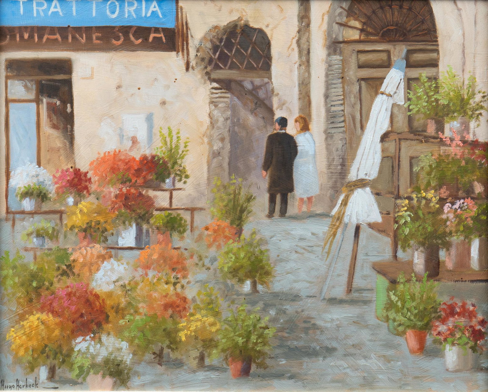 Hugo Herbeck, Italian Flower Market: Hugo Herbeck, Italian flower market scene, oil on masonite sight: 16 x 20 in., frame: 22 x 26 in. We happily provide seamless shipping services on everything we sell. Please email us at shipping@v