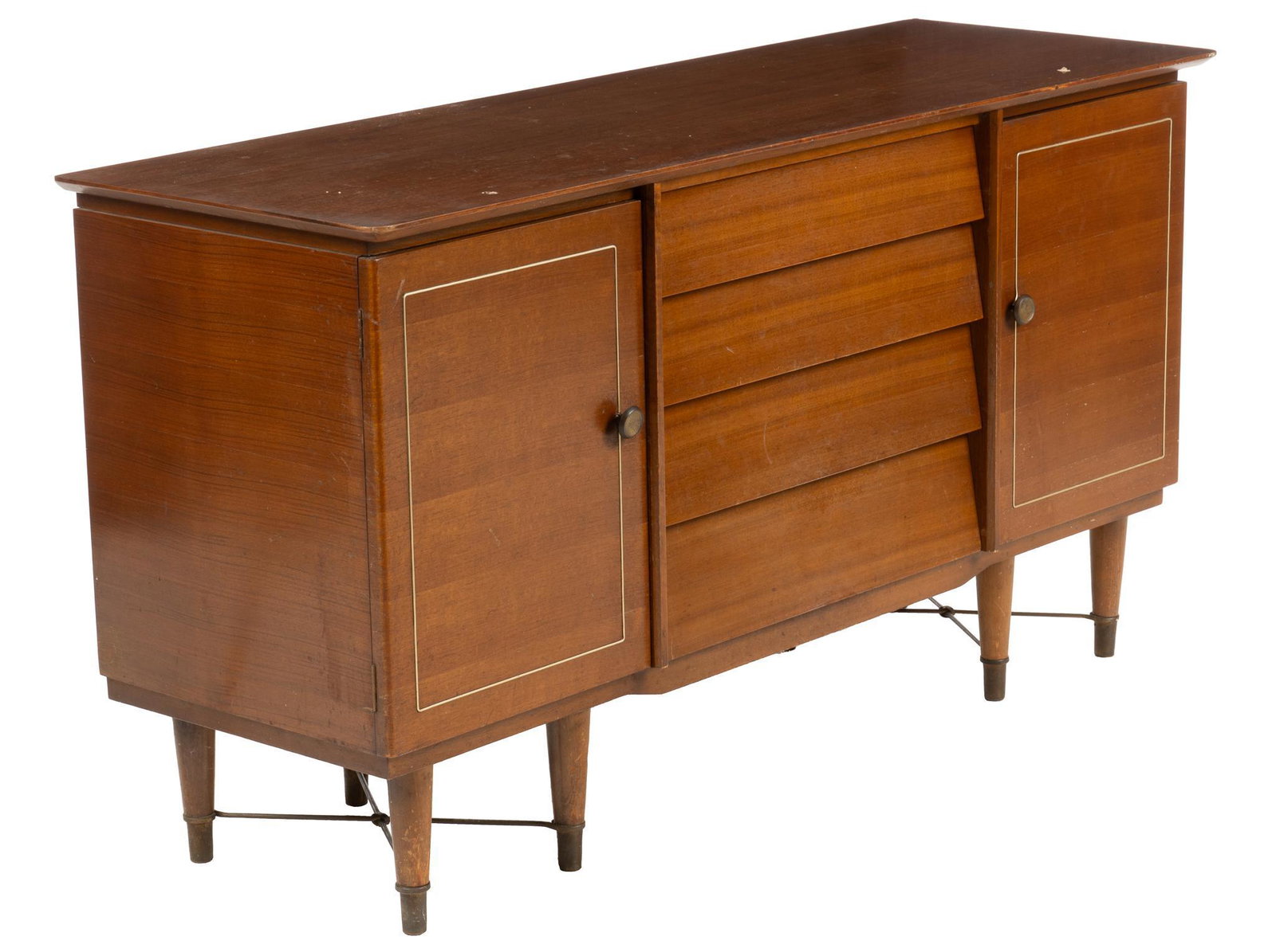 Mid-Century Beautility Credenza: Beautility (England) Mid-Century wooden credenza, having raised top above four central recessed drawers that are flanked by two inlaid doors, open to a shelved interior, raised on stretchered pin legs