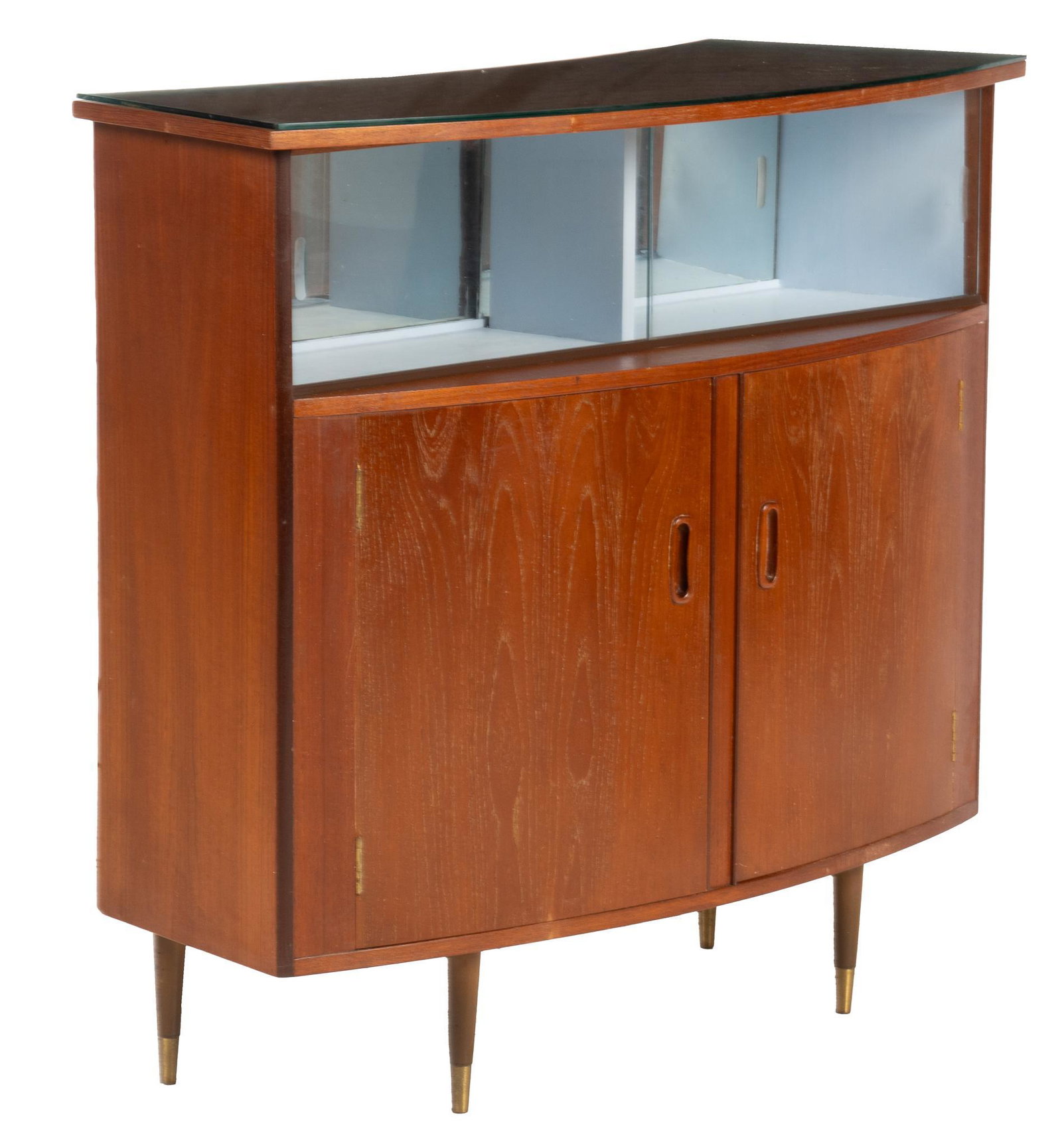 Mid-Century Cocktail Cabinet: Mid-Century cocktail cabinet, with curved top, overlaid with glass, over sliding glass doors, opening to mirror backed storage, above cabinet doors, one side opening to shelving, the other open storag