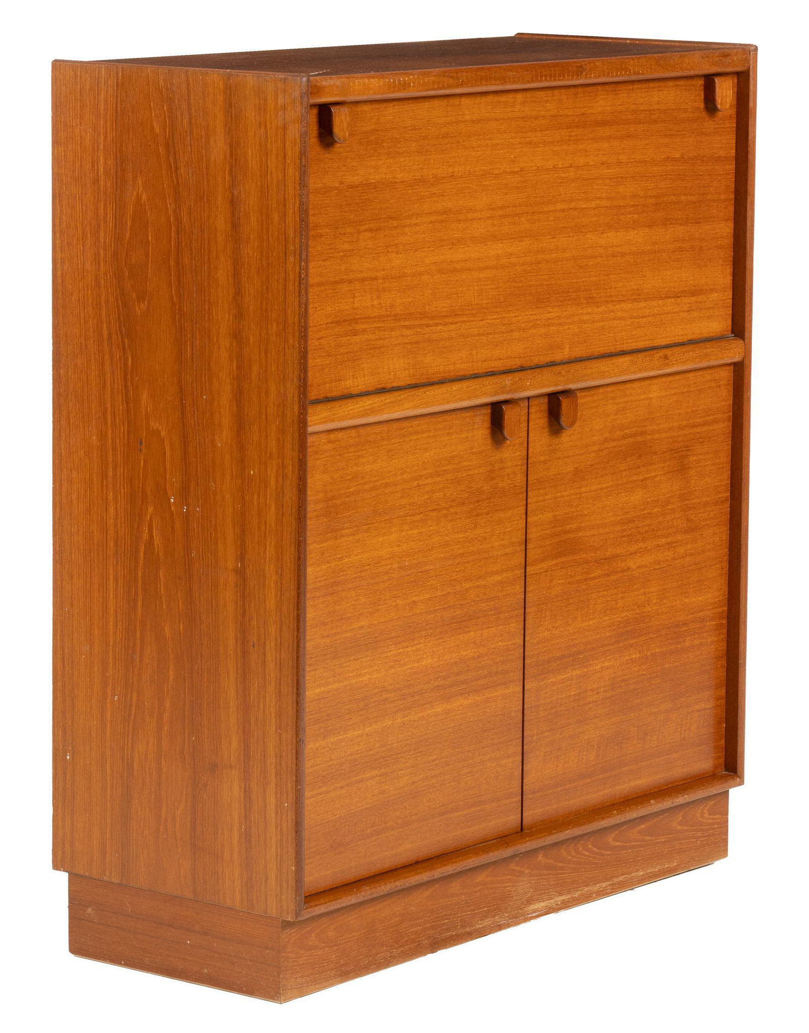 Mid-Century Cocktail Cabinet: Mid-Century teak cocktail cabinet, with upper hinged door, opening to lighted mirror-backed storage, over cabinet doors opening to interior storage height 42 in. x width 36 in. x depth 15 in. We happi