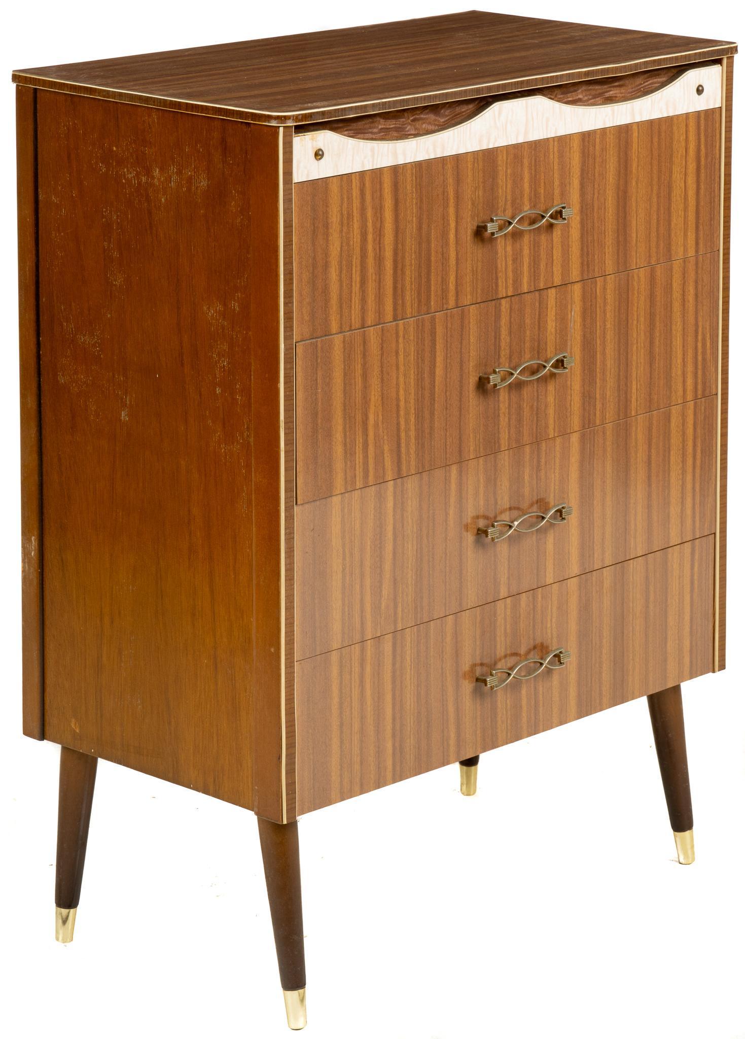 Mid-Century Chest of Drawers: Mid-Century chest of drawers, with rectangular top, over carved decorative apron, four stacked drawers, on splayed pin legs height 39 in. x width 30 in. x depth 17 in. We happily provide seamless ship