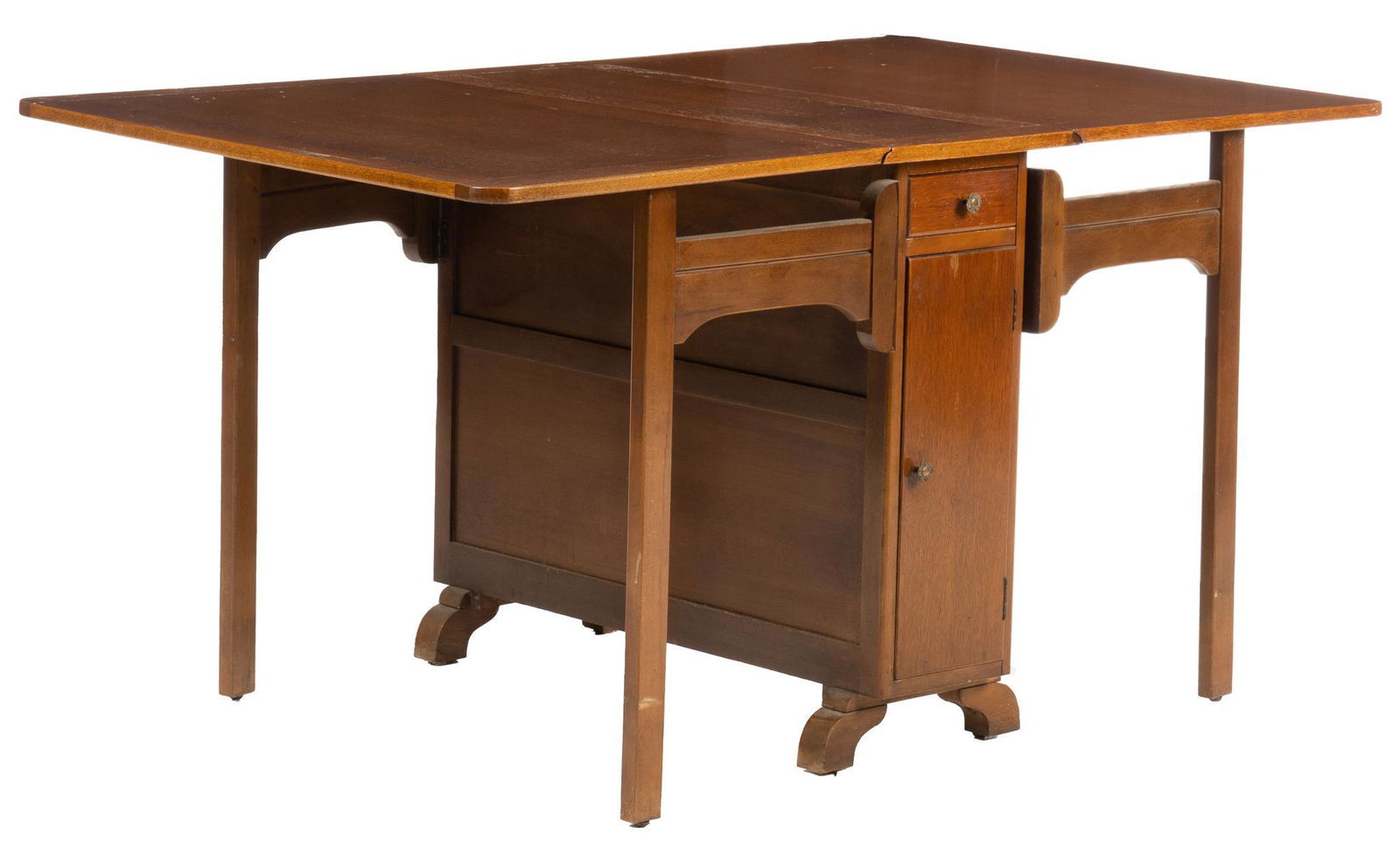 Gateleg Table: Gateleg dining table, with rectangular top, two hinged leaves, a drawer and cabinet door at each side height 30 in. x width 14 in. x depth 36 in. / extends to 60 in. We happily provide seamless ship