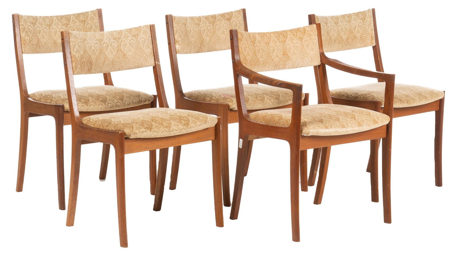 Set of (5) Mid-Century Dining Chairs: Set of five Mid-Century dining chairs, with simple wooden frames, over scroll patterned upholstery height 30 in. x width 20 in. x depth 18 in. / each We happily provide seamless shipping services on e