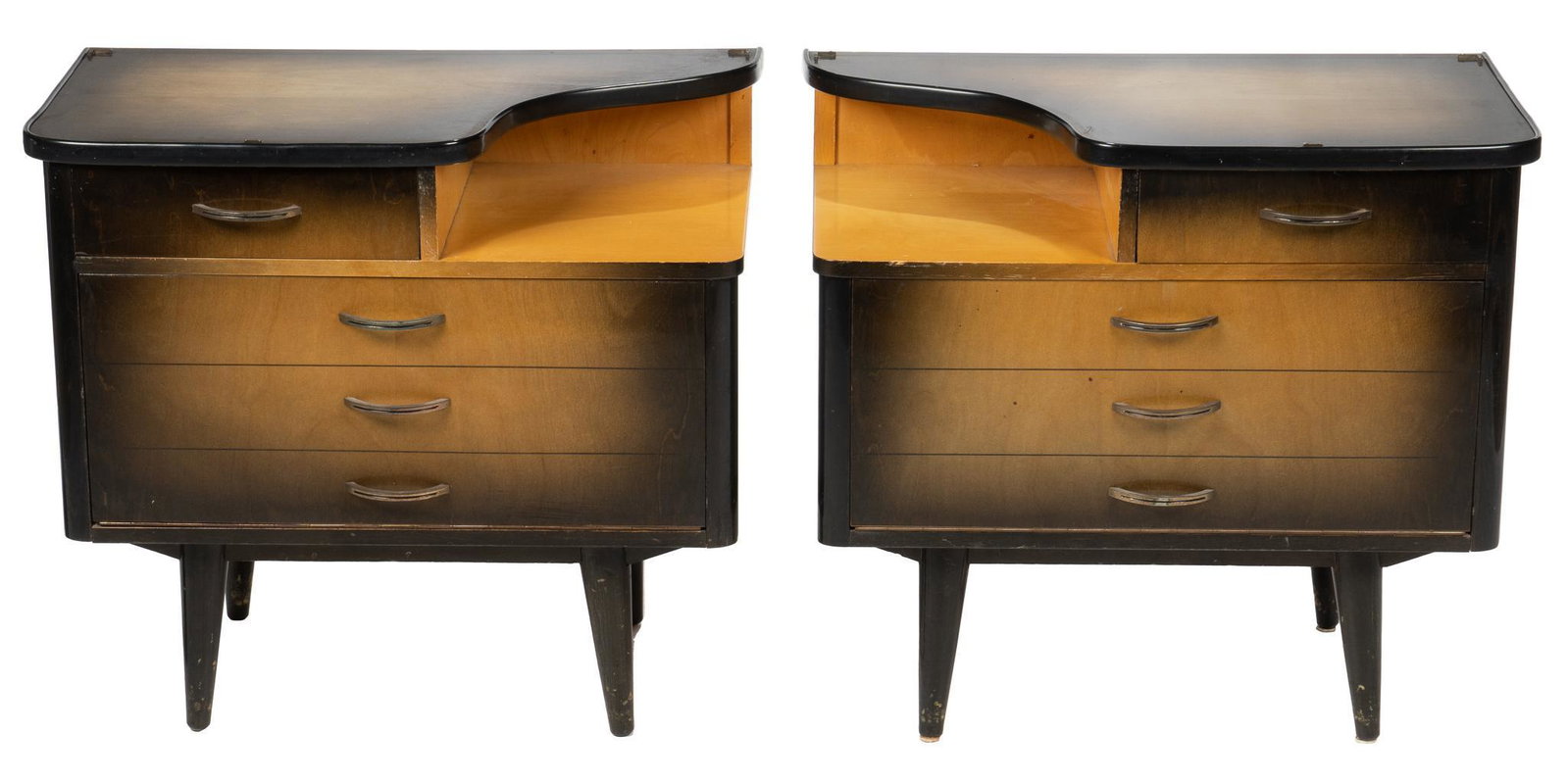 Pair of French Mid-Century Nightstands: Pair of French Mid-Century nightstands, with organic top, recessed shelf, with small drawer, over two larger drawers, supported on splayed pin legs height 21 in. x width 24 in. x depth 15 in. / each W