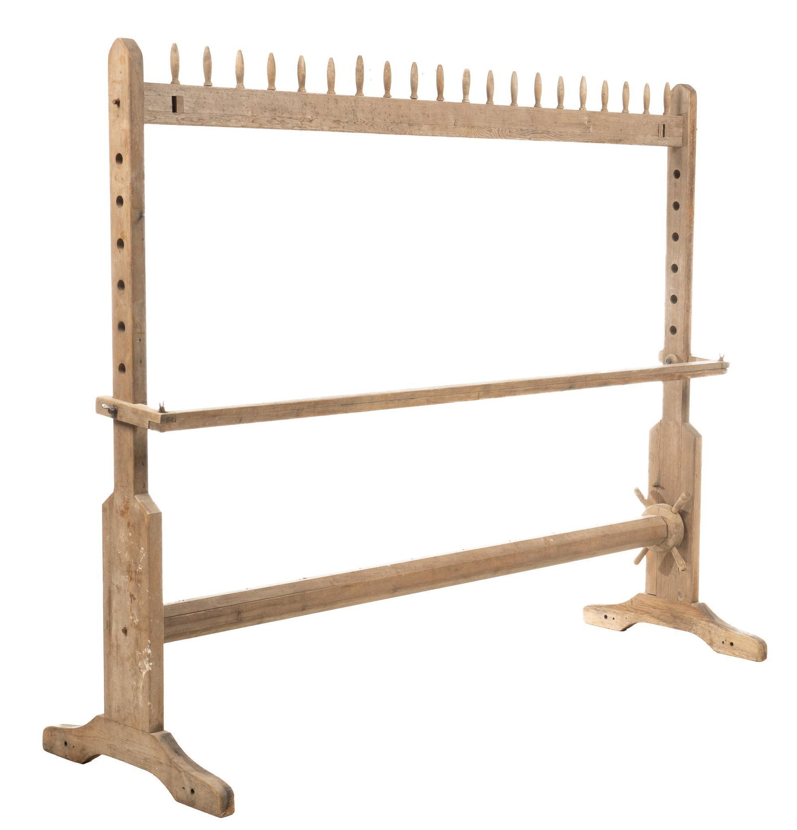 Antique Loom: Antique loom, with large wooden frame, topped with warping pegs, supported on trestle legs height 71 in. x width 88 in. x depth 30 in. We happily provide seamless shipping services on everything we se