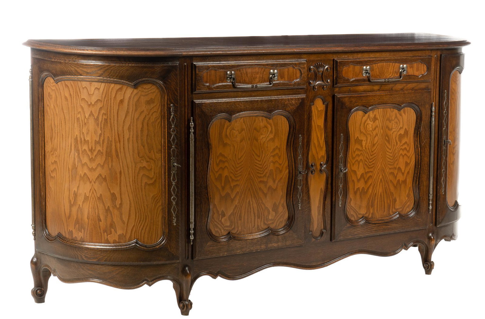 Louis XV Style Enfilade: Louis XV style sideboard, with two center top drawers above two doors opening to a single shelf interior, two side doors opening to shelved interiors, doors and drawers paneled with contrasting wood, 