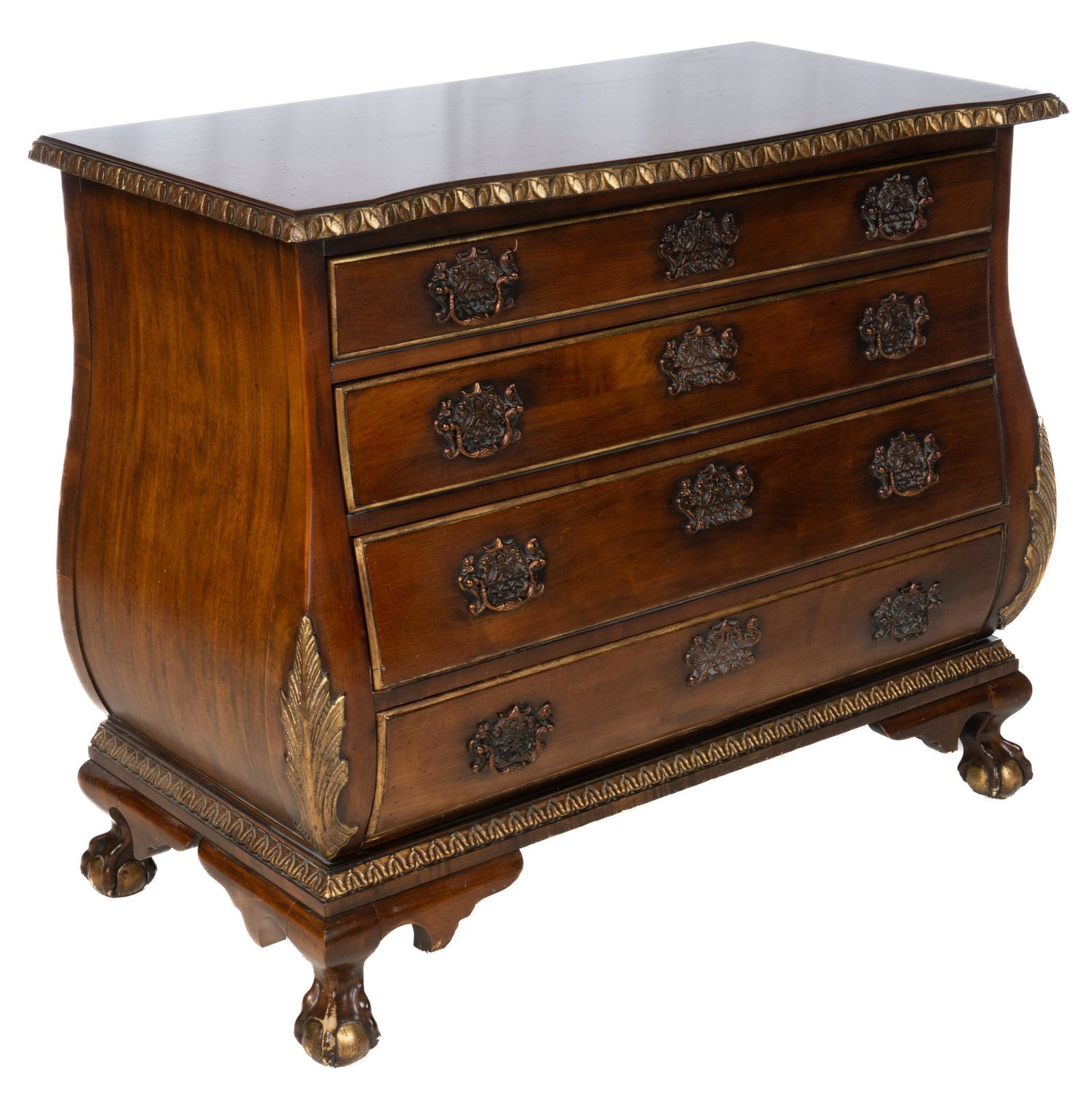 Chippendale Style Bombe Chest of Drawers: Chippendale style chest of drawers, having wooden top, above four drawers, featuring gilt accents, rising on claw and ball feet 34.5"h x 40"w x 21"d Condition: Chip to front of apron Prove