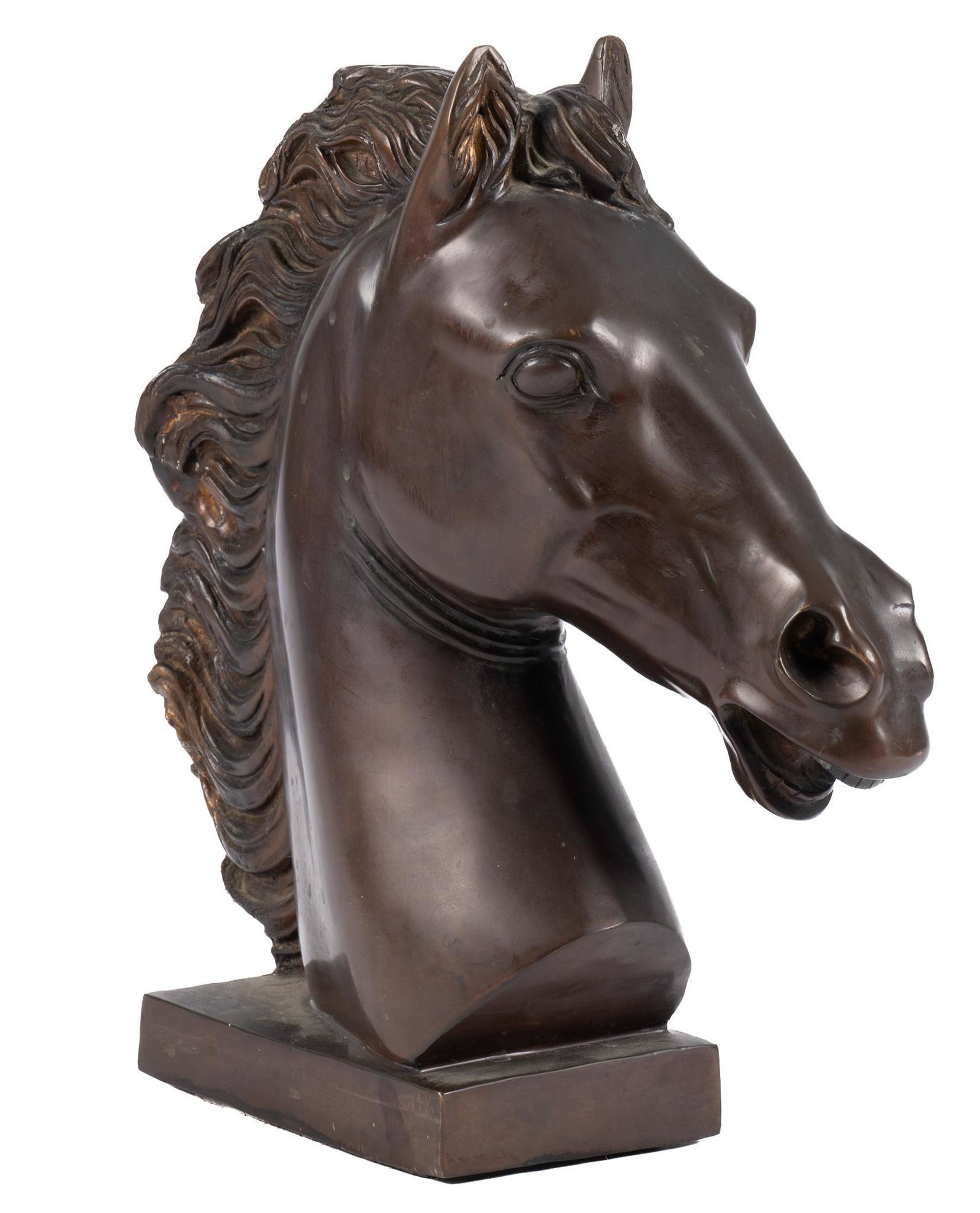 Bronze Horse Head Sculpture: Bronze horse head statue, freestanding, on continuous base height 16 in. x width 15.5 in. x depth 5.5 in. We happily provide seamless shipping services on everything we sell. Please email us at shippi
