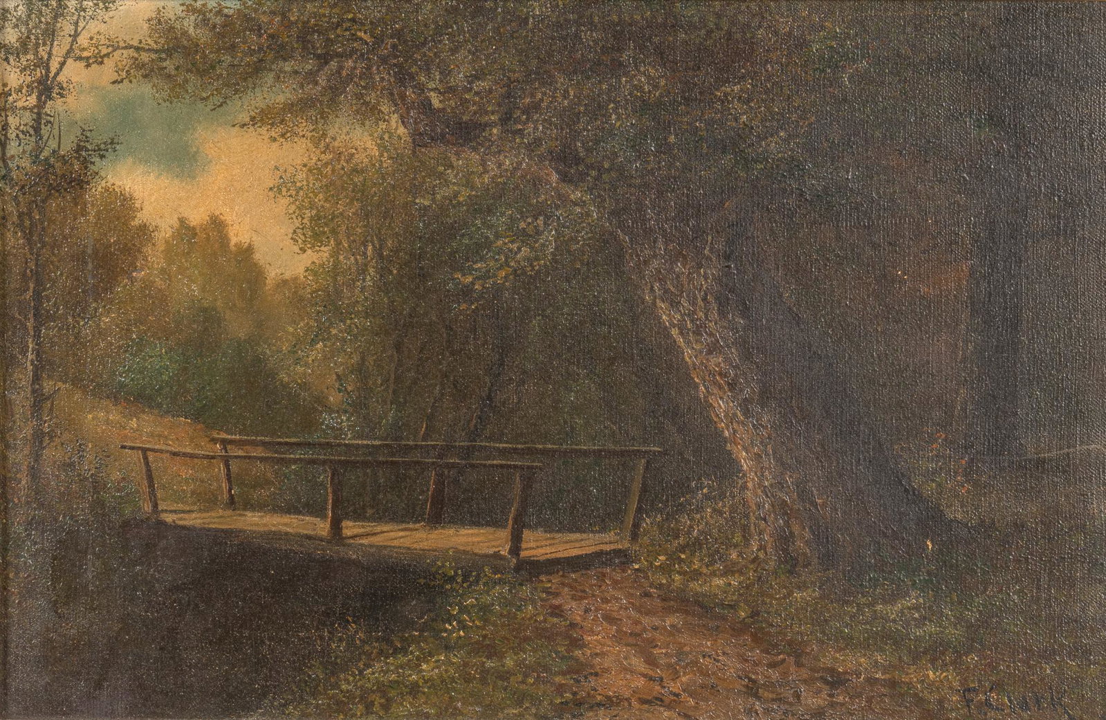 F. Clark, "The Rustic Bridge": F. Clark, "The Rustic Bridge", circa late 19th-early 20th century, oil on canvas sight 12 x 18 in., frame: 20 x 26.5 in. Provenance: An Alamo Heights, Texas collection We happily provide seaml