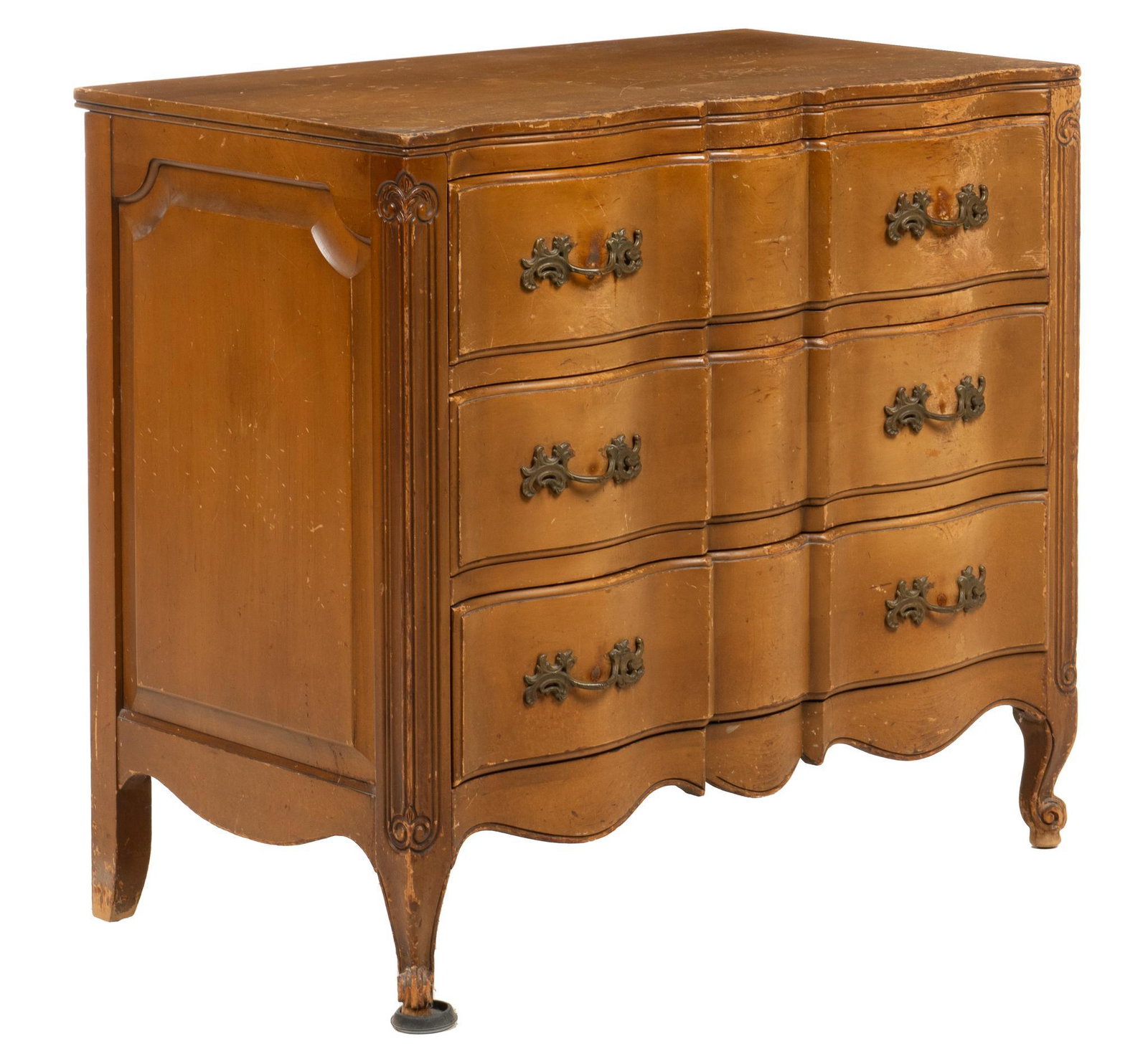 Louis XV Style Chest of Drawers: Louis XV style bow front chest of drawers, with paneled sides, three stacked drawers, flanked by carved architectural accents, rising on cabriole legs height 33 in. x width 36 in. x depth 21 in. We ha