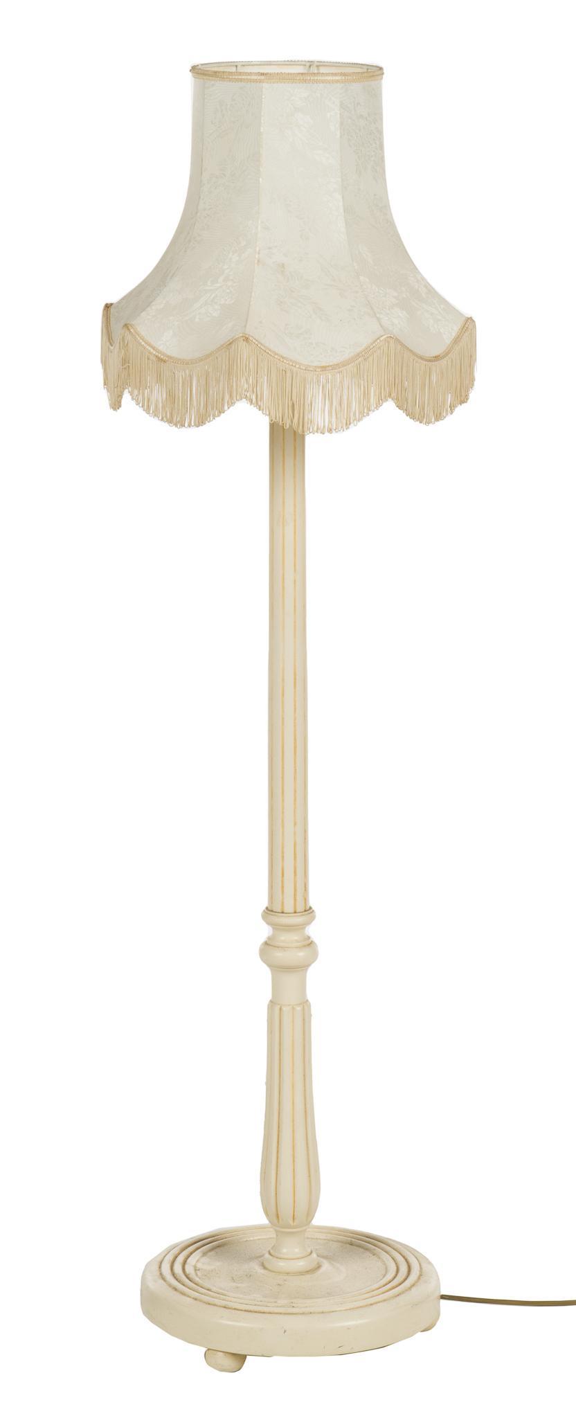 Floor Lamp: Floor lamp, turned and fluted lamp standard, with shade height 56.5 in. x width 13 in. x depth 13 in. We happily provide seamless shipping services on everything we sell. Please email us at shipping@v