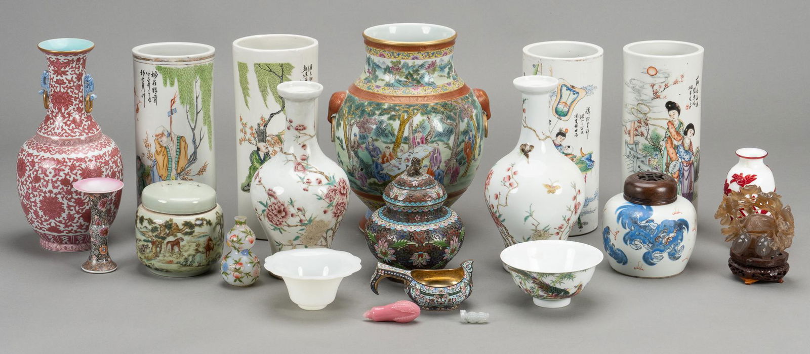 Group of Asian Vases: Group containing quantity of Asian vases and other decorative objects height 12 in. x width 10 in. x depth 9 in. Provenance: A Boerne, Texas collection We happily provide seamless shipping services