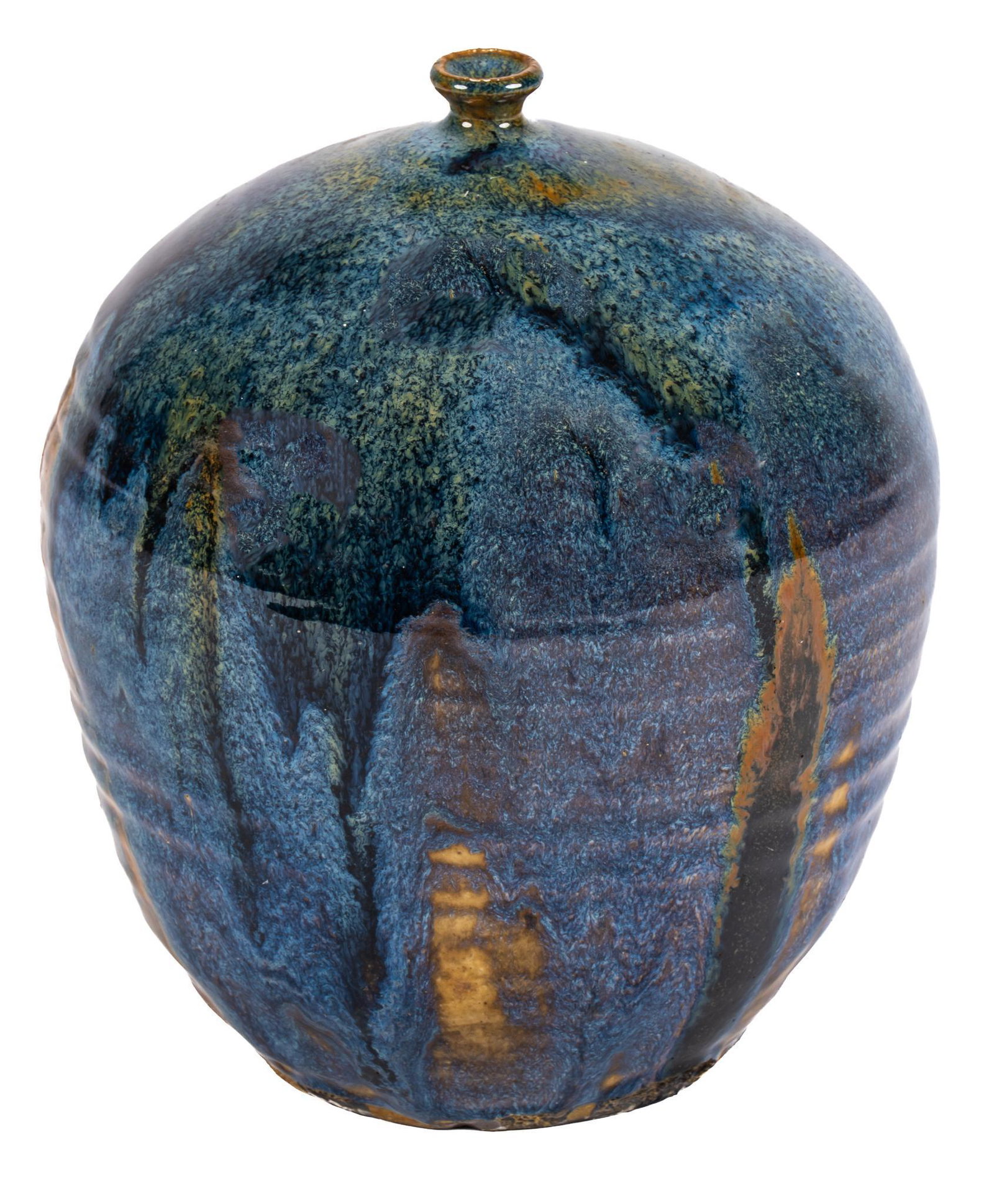 Studio Pottery Vase: Studio pottery vase, with running glaze on stoneware body, marked on base height 8.5 in. x diameter 7 in. We happily provide seamless shipping services on everything we sell. Please email us at shippi