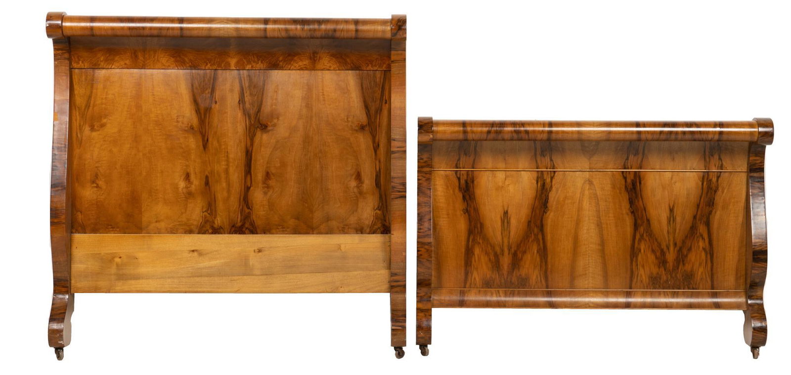 Sleigh Bed: Sleigh bed, featuring tiger's eye veneer, scrolled headboard and footboard, ending in scrolled legs, supported on casters, fits full size mattress height 57 in. x width 58 in. x depth 7 in. / hea