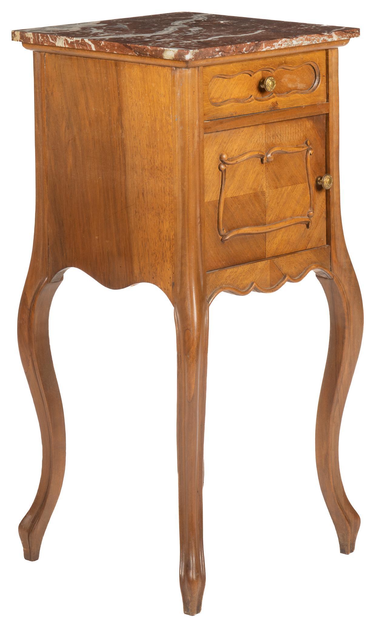 Louis XVI Style Marble Top Nightstand: Louis XVI style nightstand, with marble top, over drawer, cabinet door, featuring parquetry inlay carved accents, opening to interior storage, over shaped apron, supported on cabriole legs height 34 i