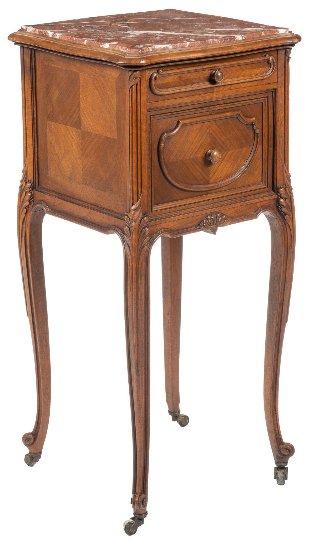Louis XV Style Nightstand: Louis XV style nightstand, with inlaid marble top, over single drawer, carved swinging cabinet door, with inlaid marquetry, opening to marble lined interior, back pierced with spigot, supported on cab