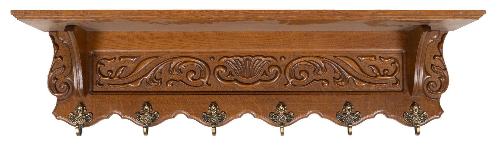 Carved Coat Rack: Coat rack, with top hat shelf, with carved scroll motif, angel motif hooks height 11 in. x width 39 in. x depth 8 in. We happily provide seamless shipping services on everything we sell. Please emai