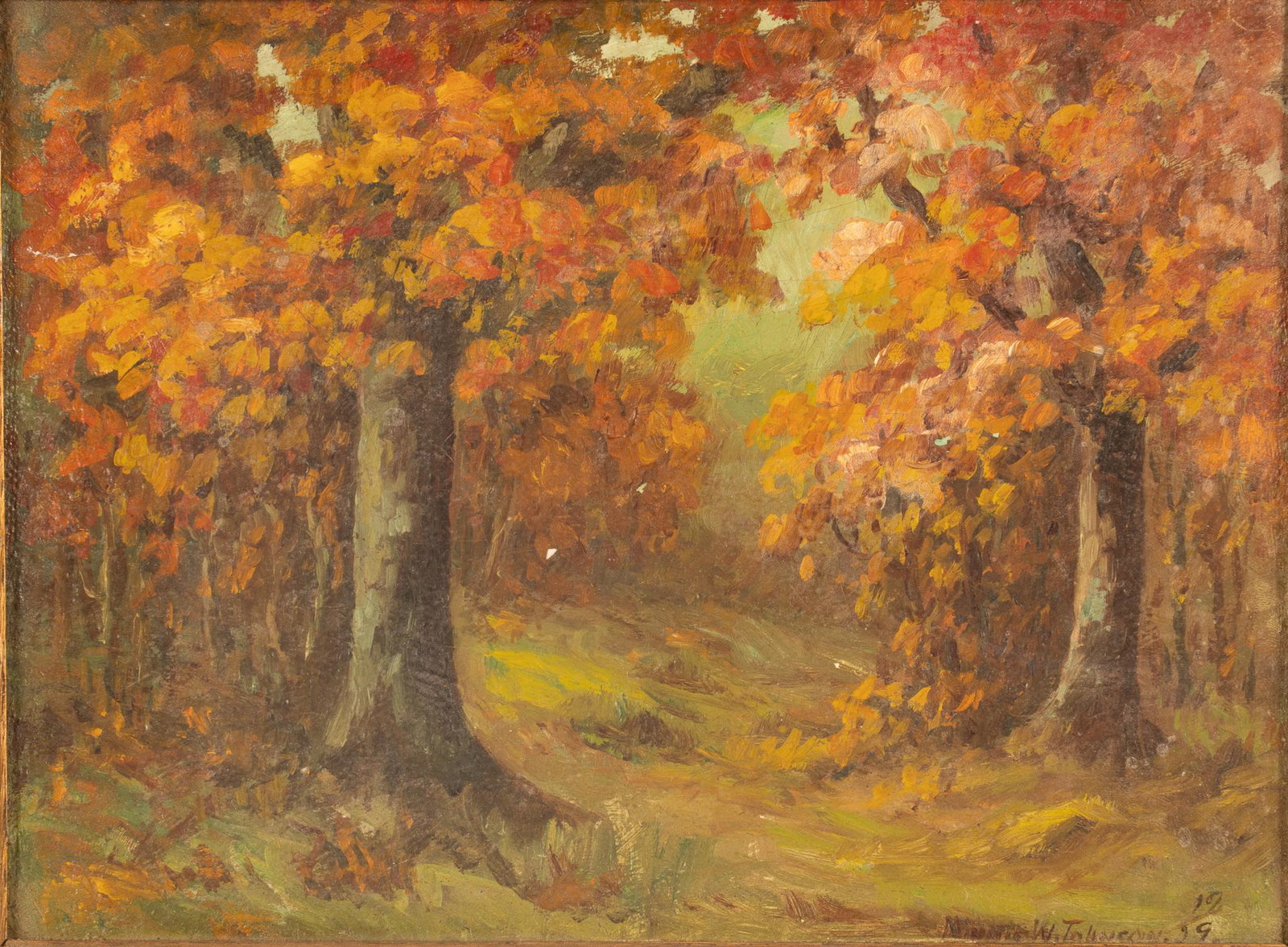 Minnie Johnson, Autumn Landscape, 1929: Minnie Johnson, Autumn Landscape, 1929, oil on canvas sight: 9 x 12 in., frame: 12.5 x 15.5 in. Provenance: An Austin, Texas collection We happily provide seamless shipping services on everything we s
