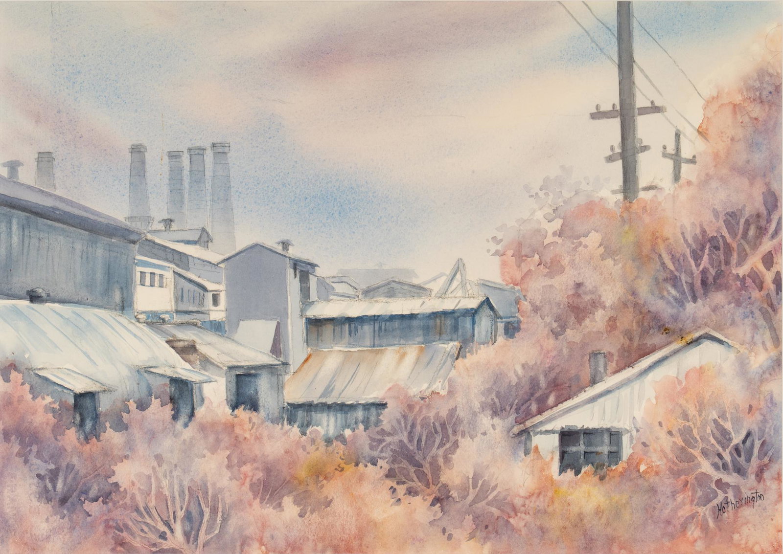 Mary Hetherington, Small Town Skyline: Mary Hetherington, industrial skyline, watercolor sight: 14.5 x 20 in., frame: 19.5 x 20.5 in. We happily provide seamless shipping services on everything we sell. Please email us at shipping@vogt