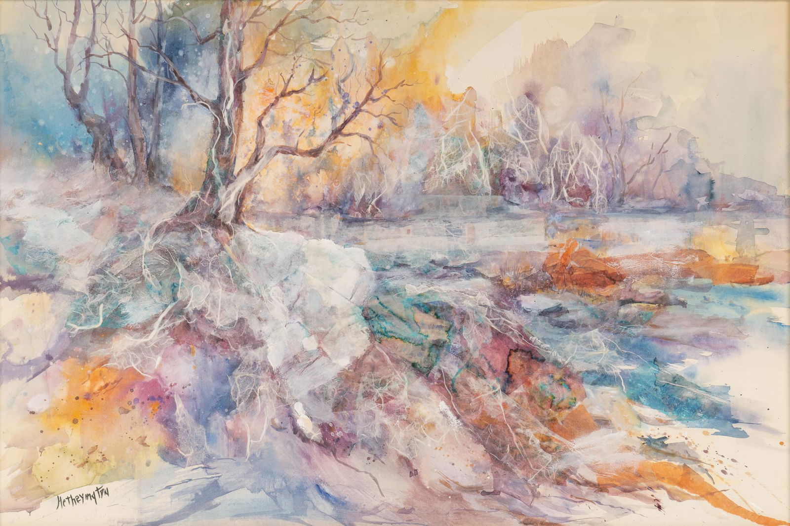 Mary Hetherington, Riverbed Landscape: Mary Hetherington, trees along riverbed, watercolor and rice paper collage on board sight: 20 x 30 in., frame: 21.5 x 31.5 in. We happily provide seamless shipping services on everything we sell. Pl
