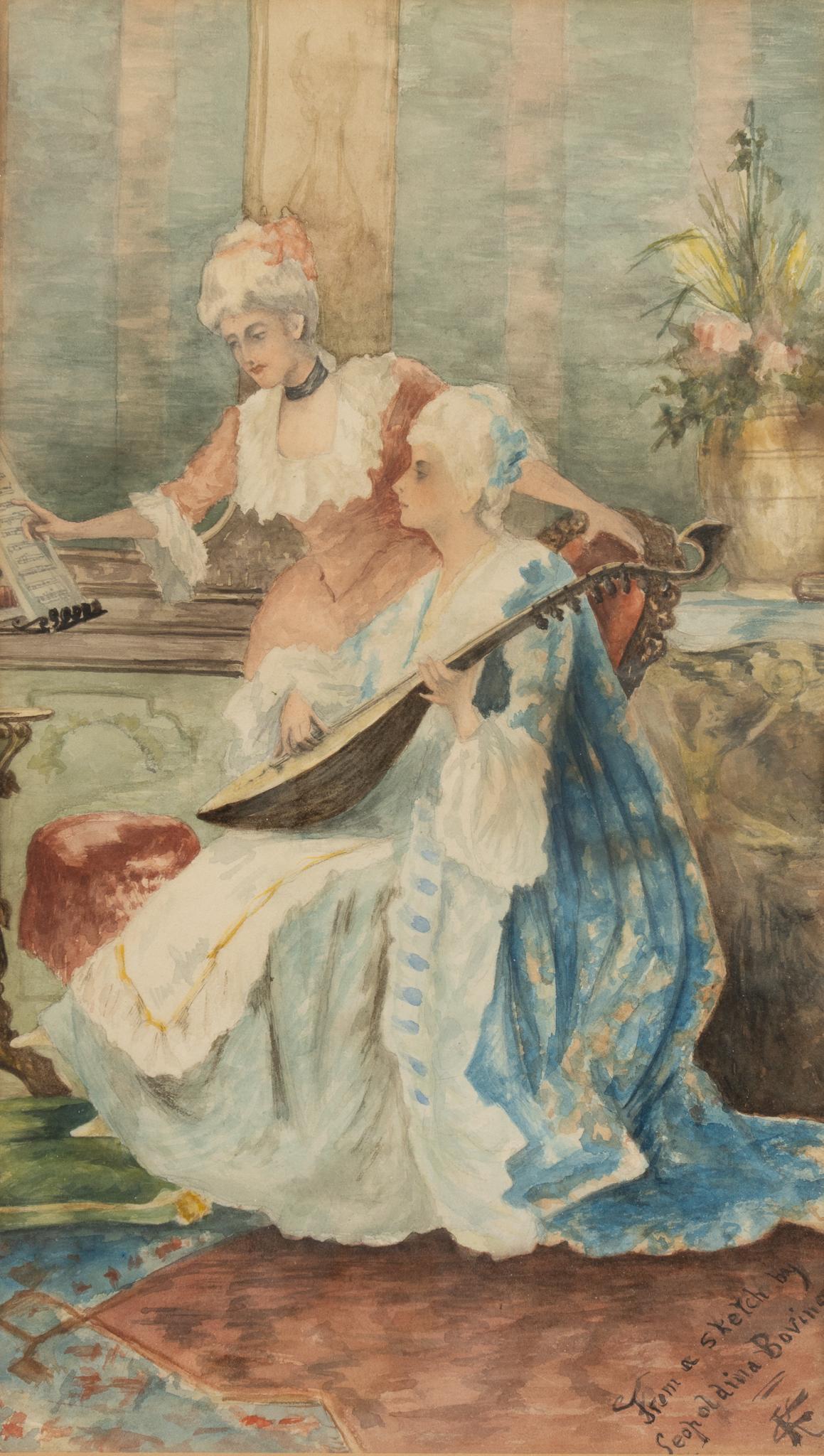 Music Lesson Watercolor, 19th C. (1 of 4)