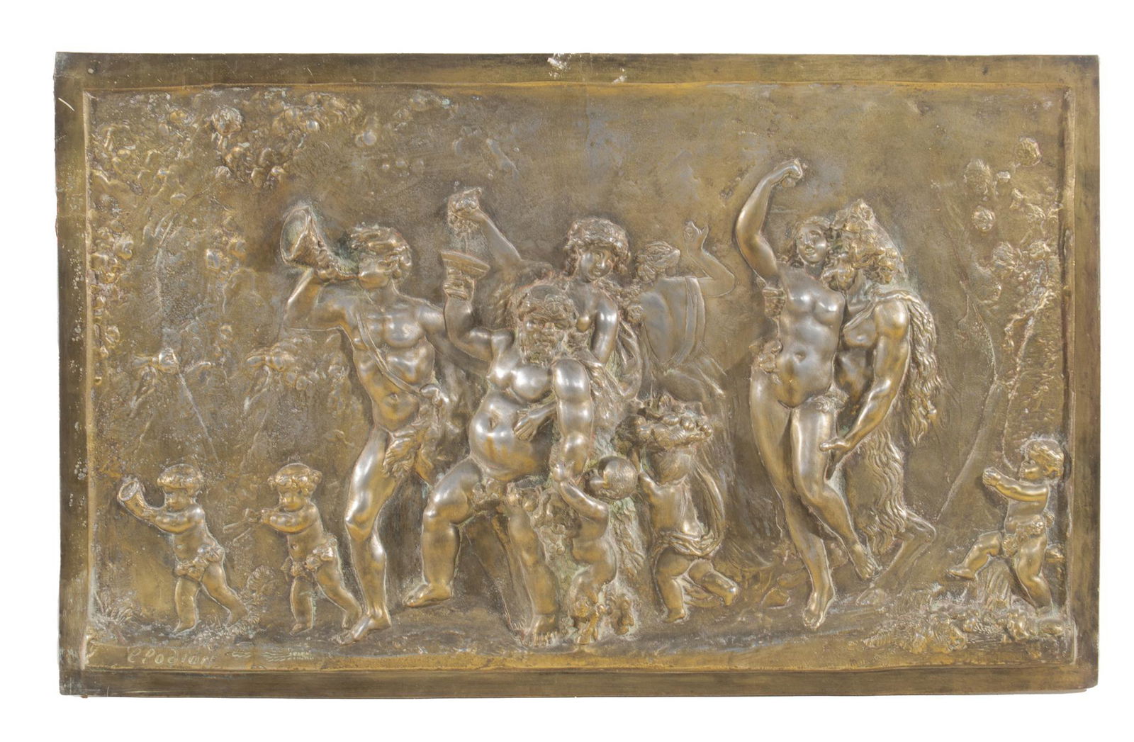 Mythological Repousse Wall Decoration: Classical repousse wall decoration, depicting a revelry with the god Bacchus, in the style of Michel Claude Clodion (France, 1738-1814, stamped signature bottom left), supported with wire height 16.5