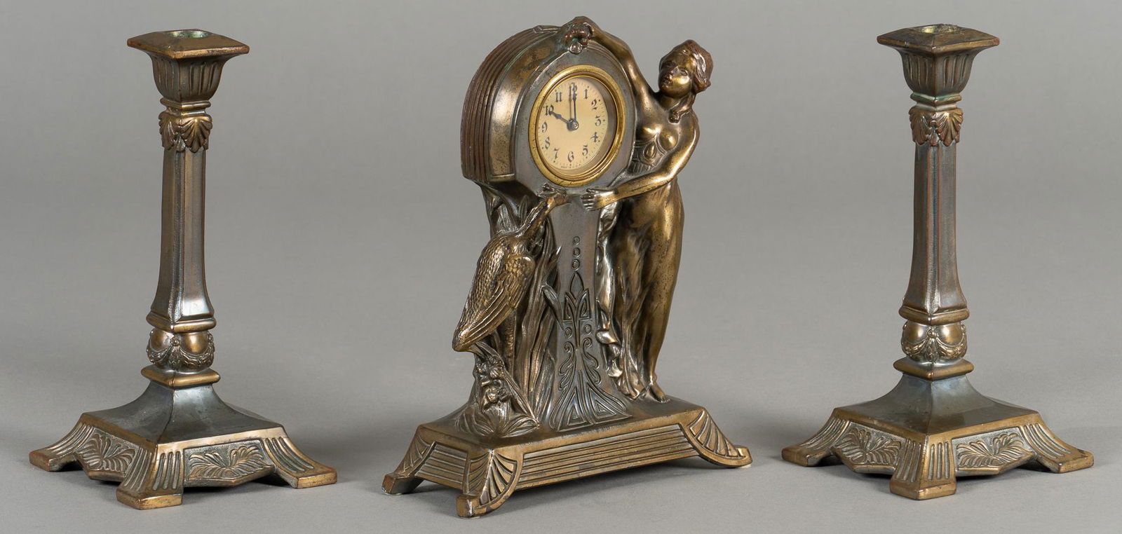 Set of Vintage Art Nouveau Style Brass Table Clock and Candlesticks (1 of 6)