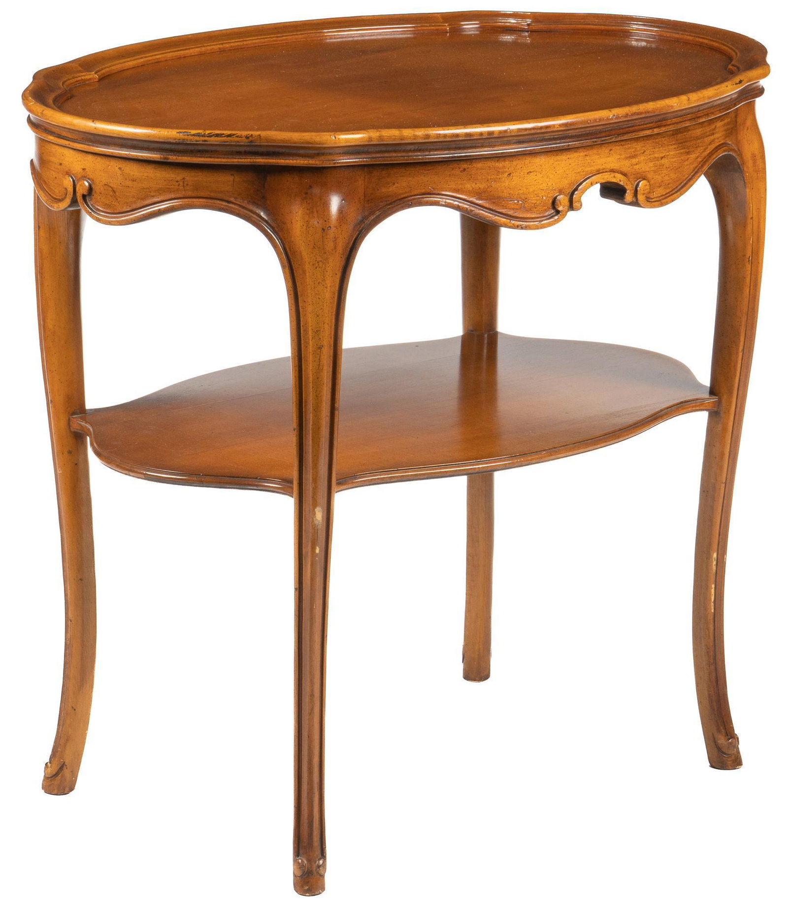 Louis XV Style Side Table: Louis XV style side table, with oval top, over shaped apron, with C-scroll motif, above storage tier, supported on cabriole legs height 26 in. x width 30 in. x depth 20.5 in. We happily provide seamle