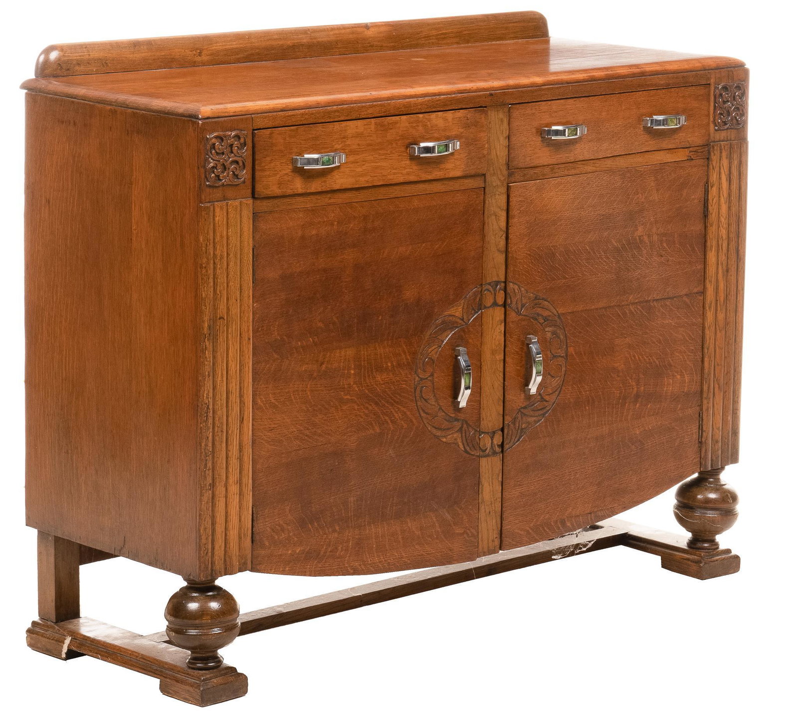 English Sideboard: Traditional English sideboard, carved and fluted accents, two doors that open to shelved interior, chrome hardware height 35 in. x width 47 in. x depth 17.5 in. We happily provide seamless shipping se