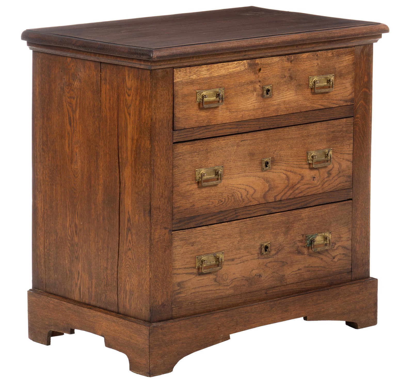 French Provincial Dresser: French Provincial oak dresser, three stacked dovetailed drawers with brass pulls, bracket feet height 31.5 in. x width 32 in. x depth 20 in. We happily provide seamless shipping services on everything