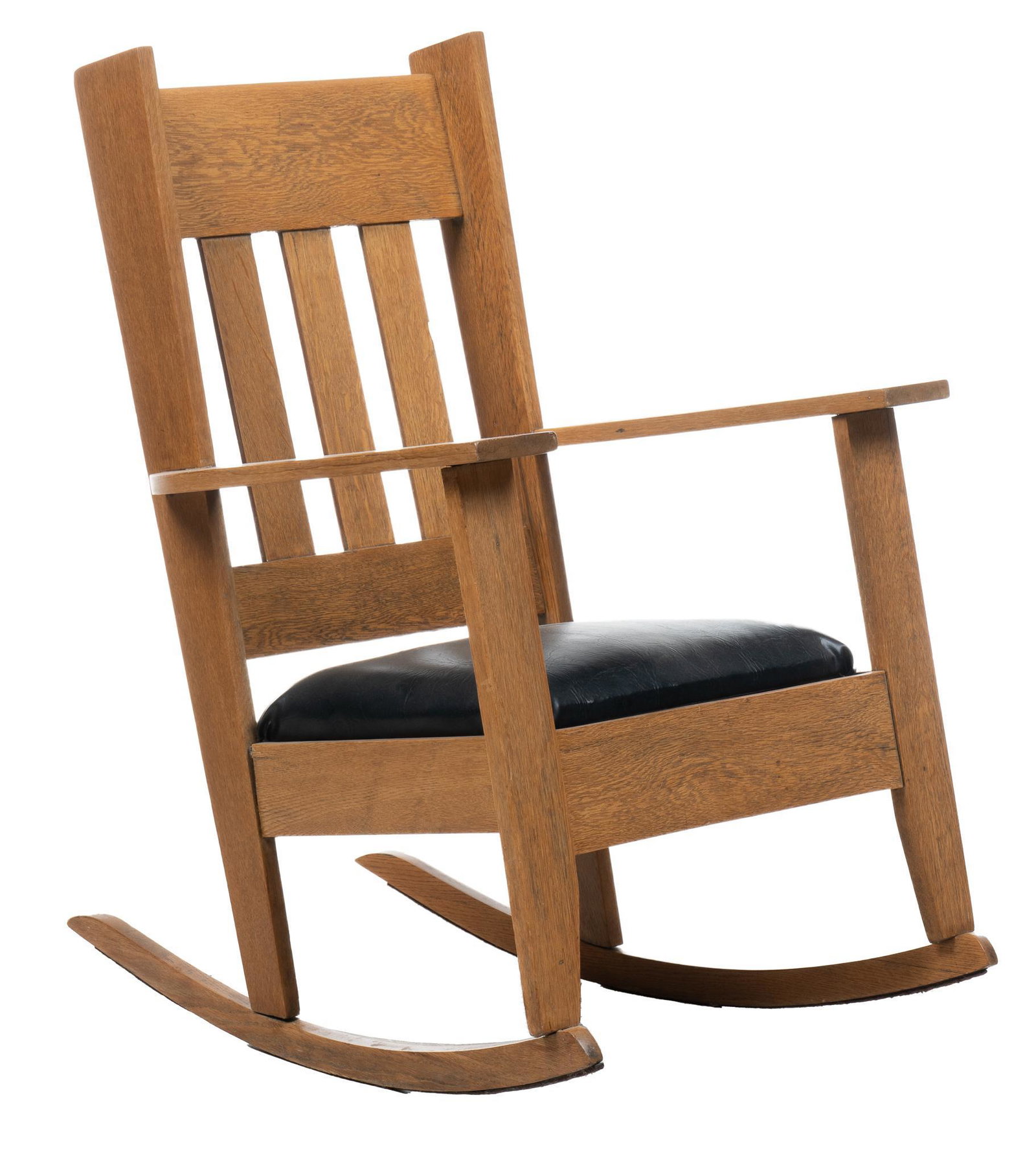 Mission Style Rocking Chair: Mission style rocking chair, with slat back, black vinyl seat, rising on rockers height 41 in. x width 27.5 in. x depth 33 in. We happily provide seamless shipping services on everything we sell. Plea
