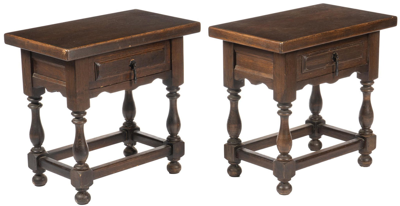 Pair of Spanish Style Nightstands: Pair of Spanish style nightstands, with thick rectangular tops, over single drawers, with dangle pulls, supported on turned legs, with box stretcher, supported on ball feet height: 22.5 in. x width 23